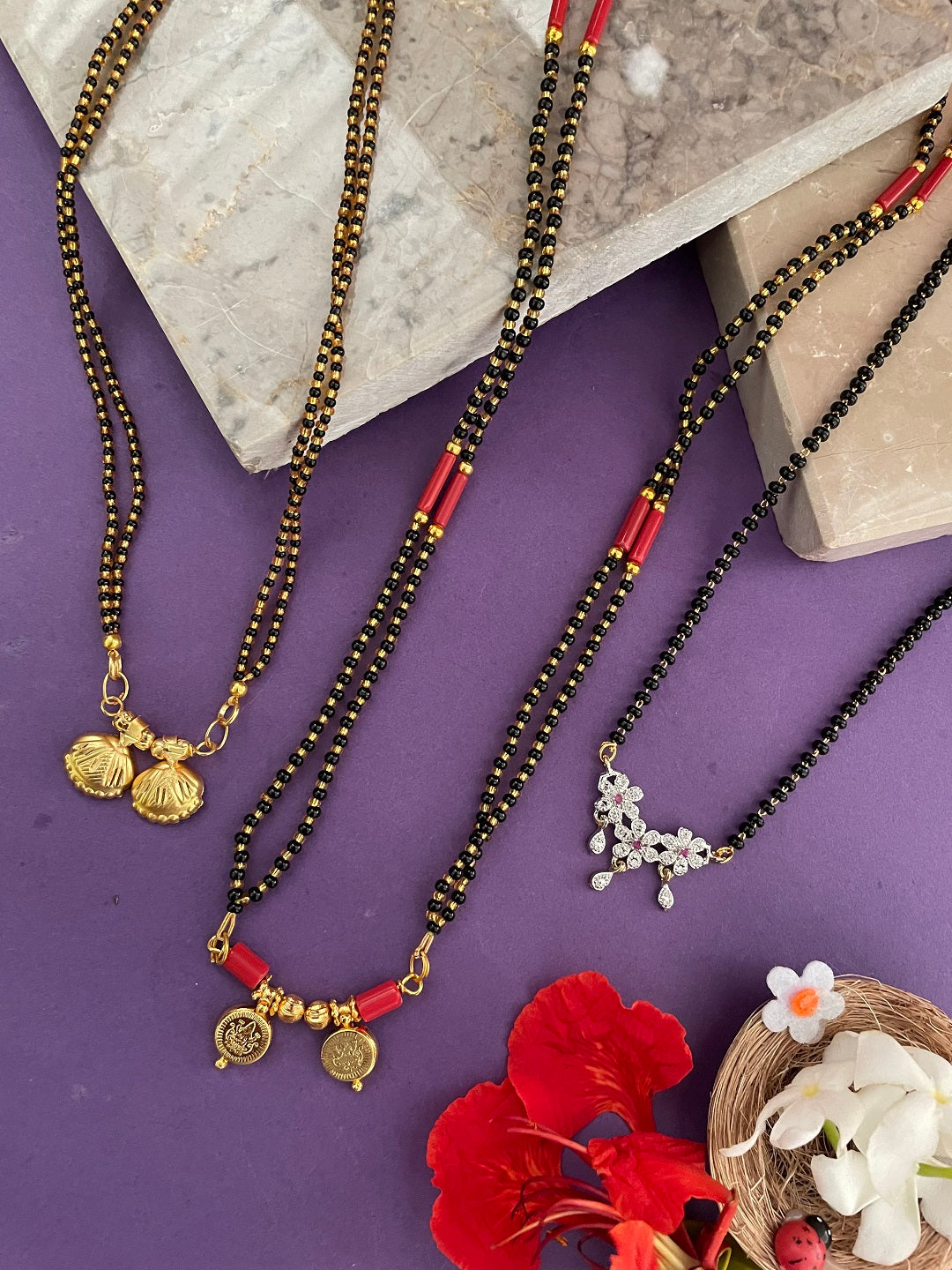 Combo Offer (Set of 3) Gold-Plated Black Beads Long Two Vati | AD Flower Pendant Short Mangalsutra