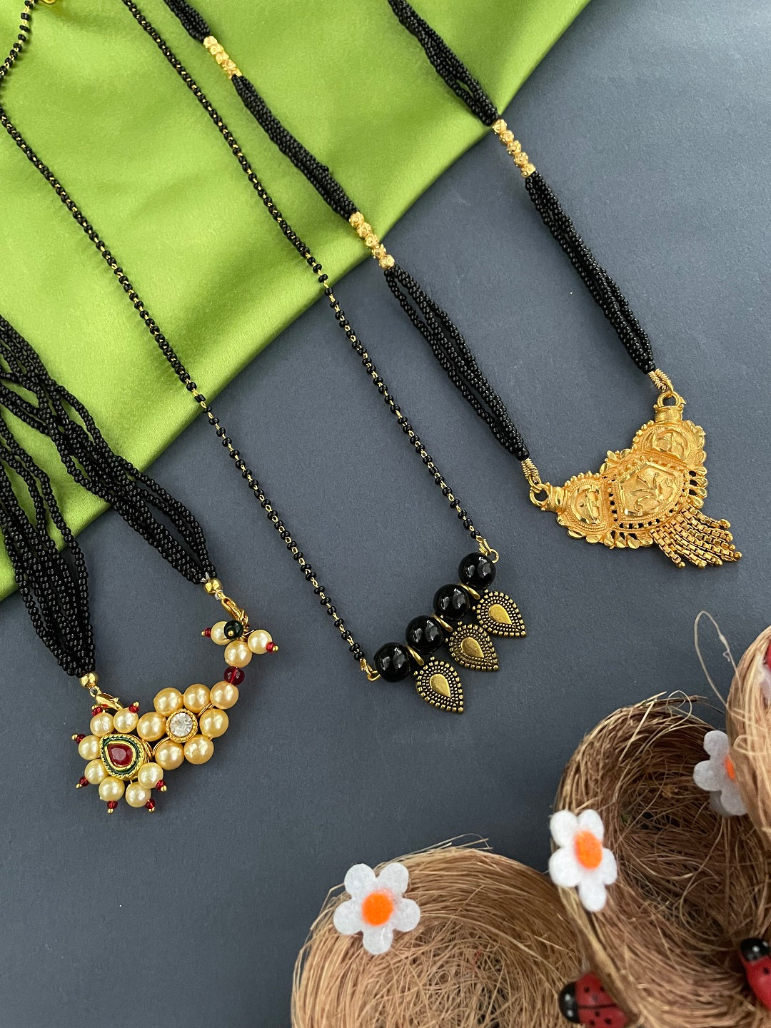 Combo Offer (Set of 3) Gold-Plated Black Beads Short Pearls| Nath Pendant Thushi Mangalsutra | Long Simple Pendant Necklace