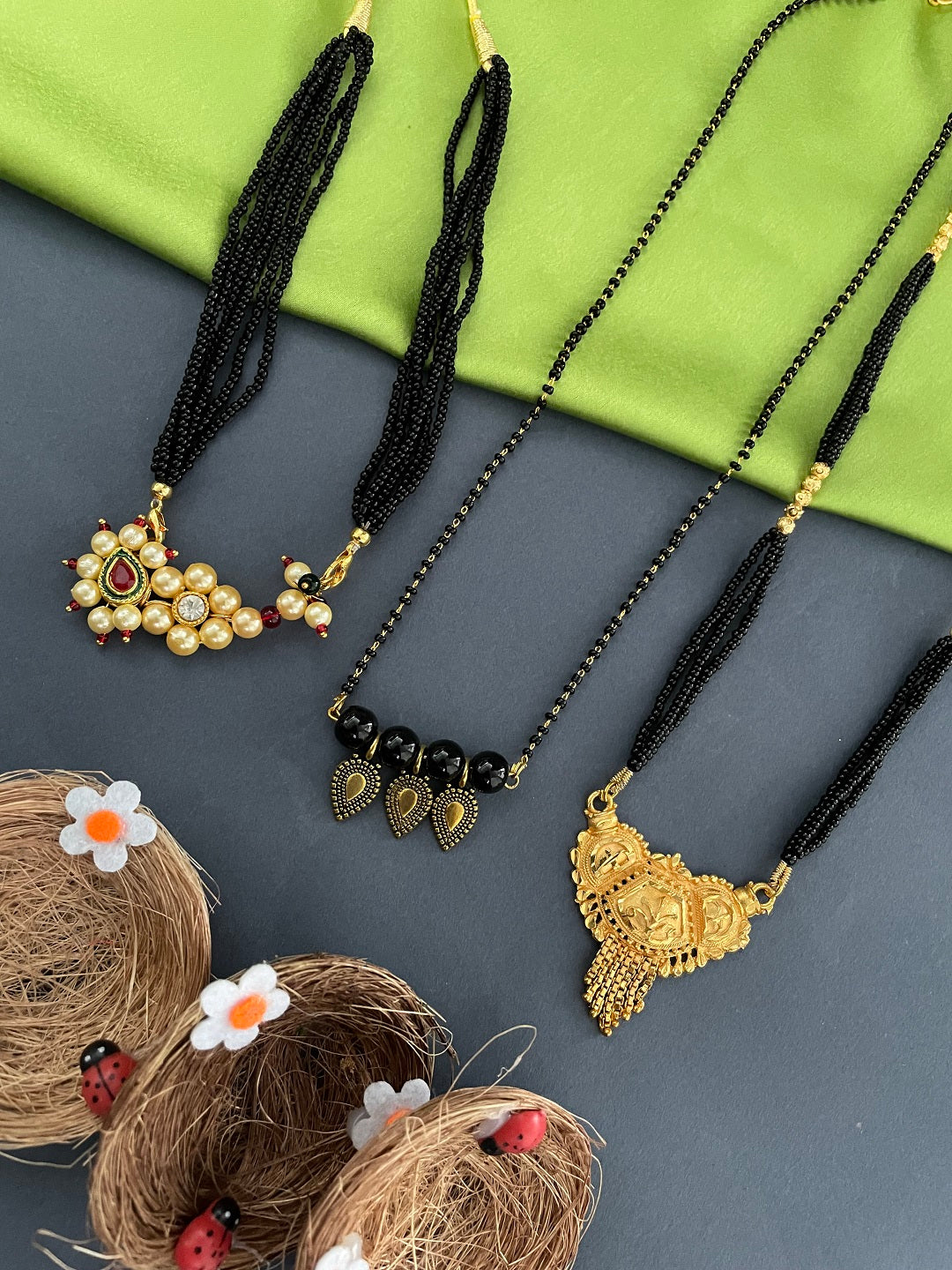 Combo Offer (Set of 3) Gold-Plated Black Beads Short Pearls| Nath Pendant Thushi Mangalsutra | Long Simple Pendant Necklace