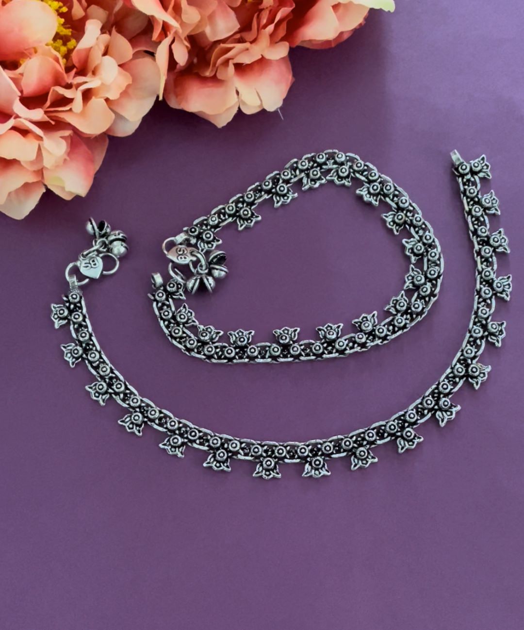 Anklets German Oxidised Silver Jewellery Payal Paijan Pazeb पैजण Silver Plating Antique Lotus Design Latest Style Ethnic Traditional Foot Jewellery for Women and Girls