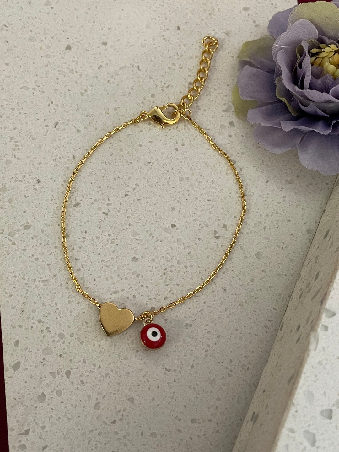 Gold Plated Heart Bracelet with Red Evil Eye Charm
