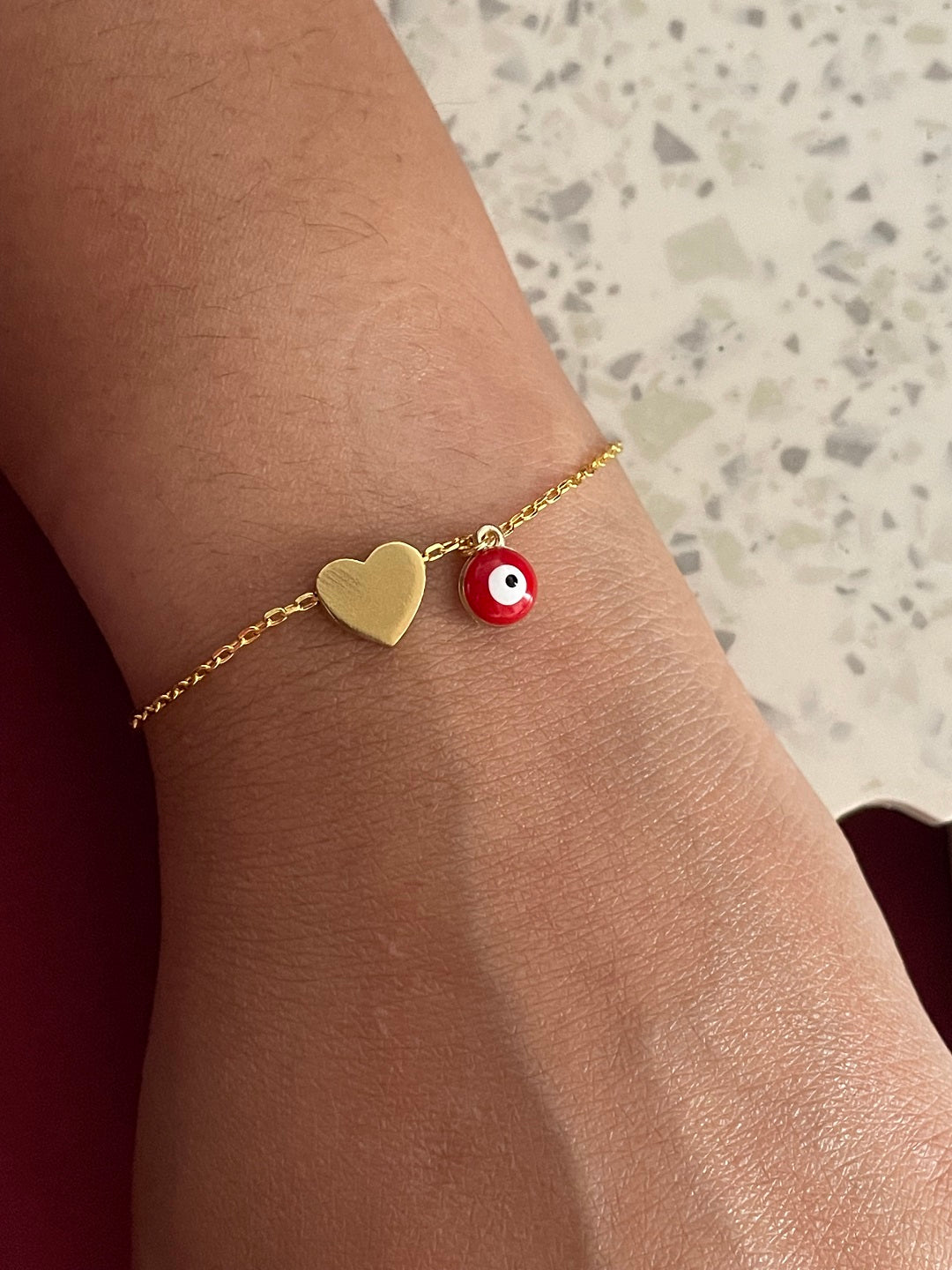 Gold Plated Heart Bracelet with Red Evil Eye Charm