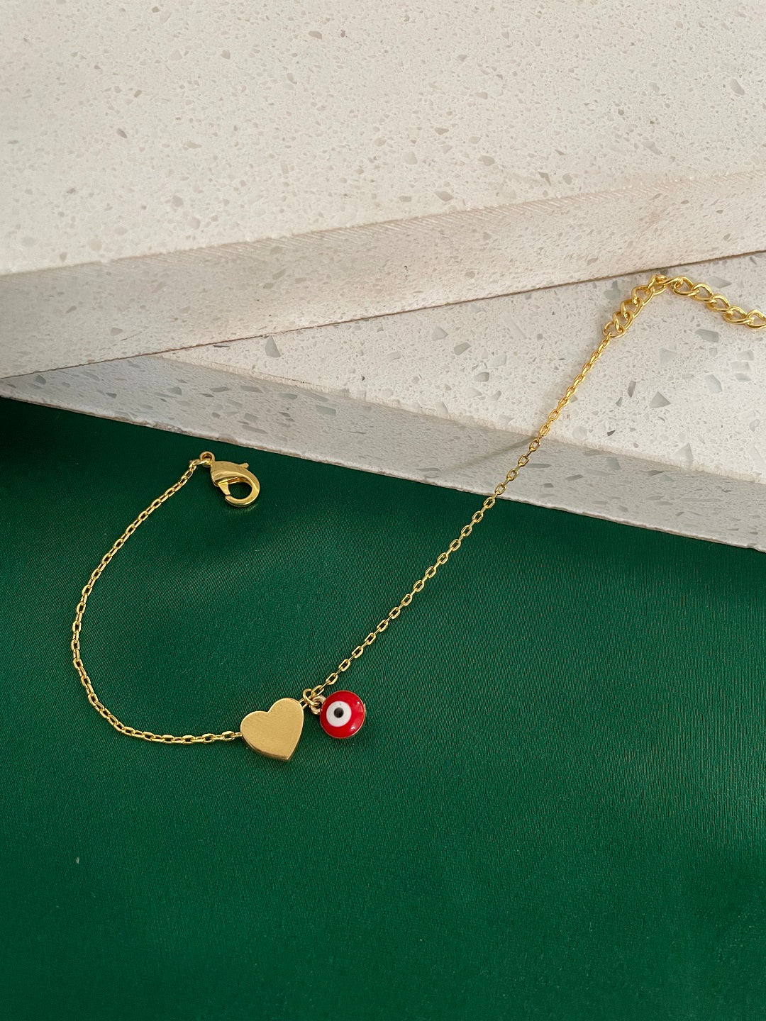 Gold Plated Heart Bracelet with Red Evil Eye Charm