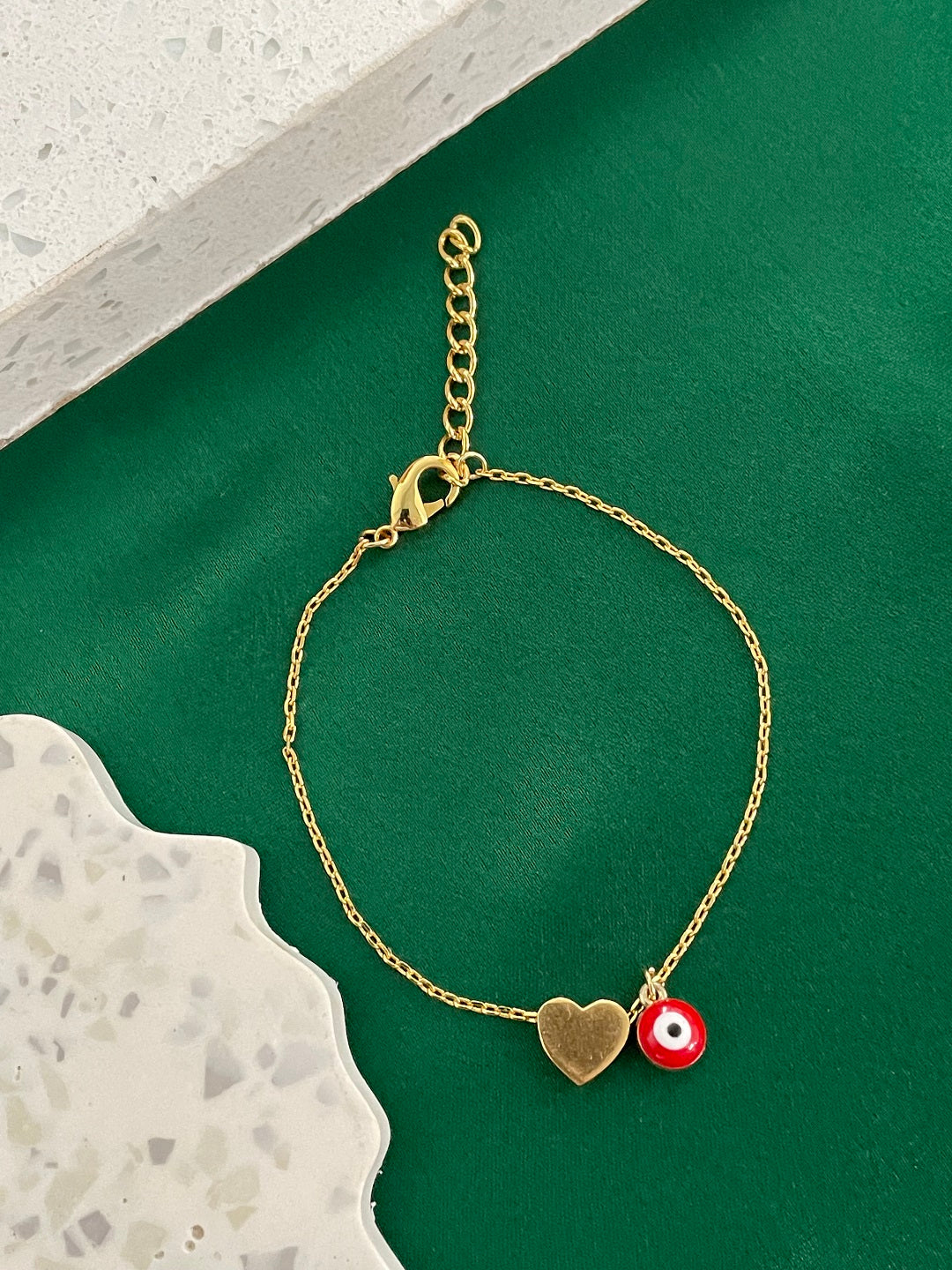 Gold Plated Heart Bracelet with Red Evil Eye Charm