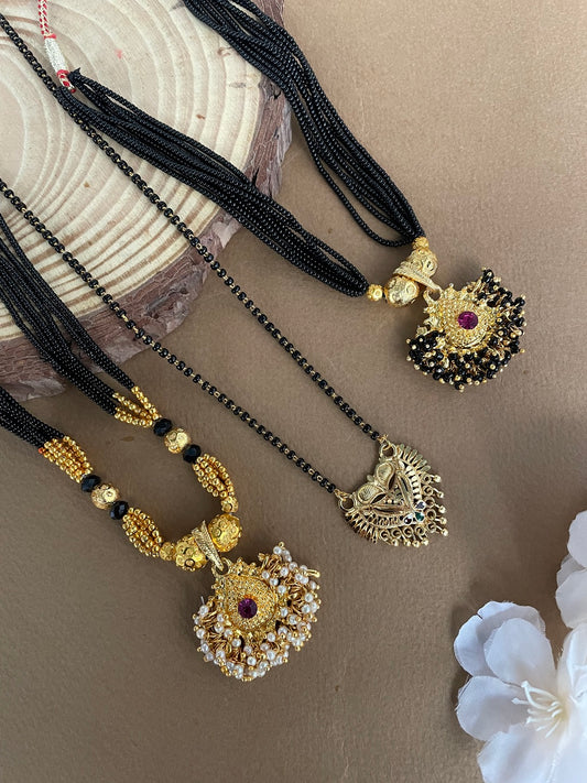 Combo Offer (Set of 3) Gold-Plated Black Beads Short Pearls Pendant Thushi Mangalsutra | Simple Pendant Necklace