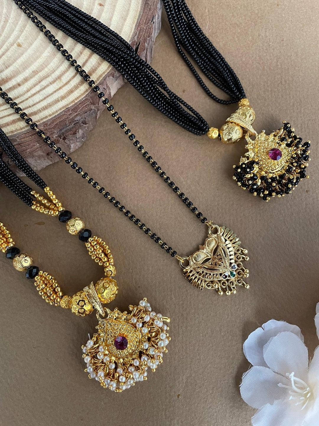 Combo Offer (Set of 3) Gold-Plated Black Beads Short Pearls Pendant Thushi Mangalsutra | Simple Pendant Necklace