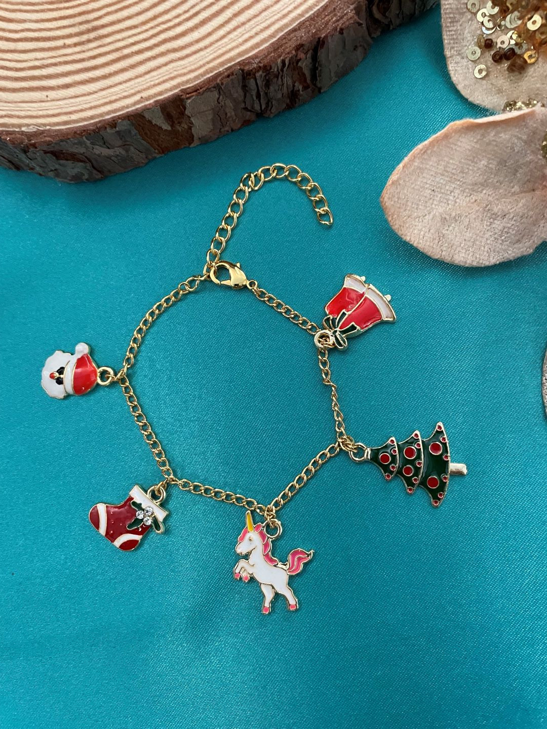 Christmas Gold Bracelet with Charms Snowman, Unicorn, Christmas Tress,  Bells, Stockings