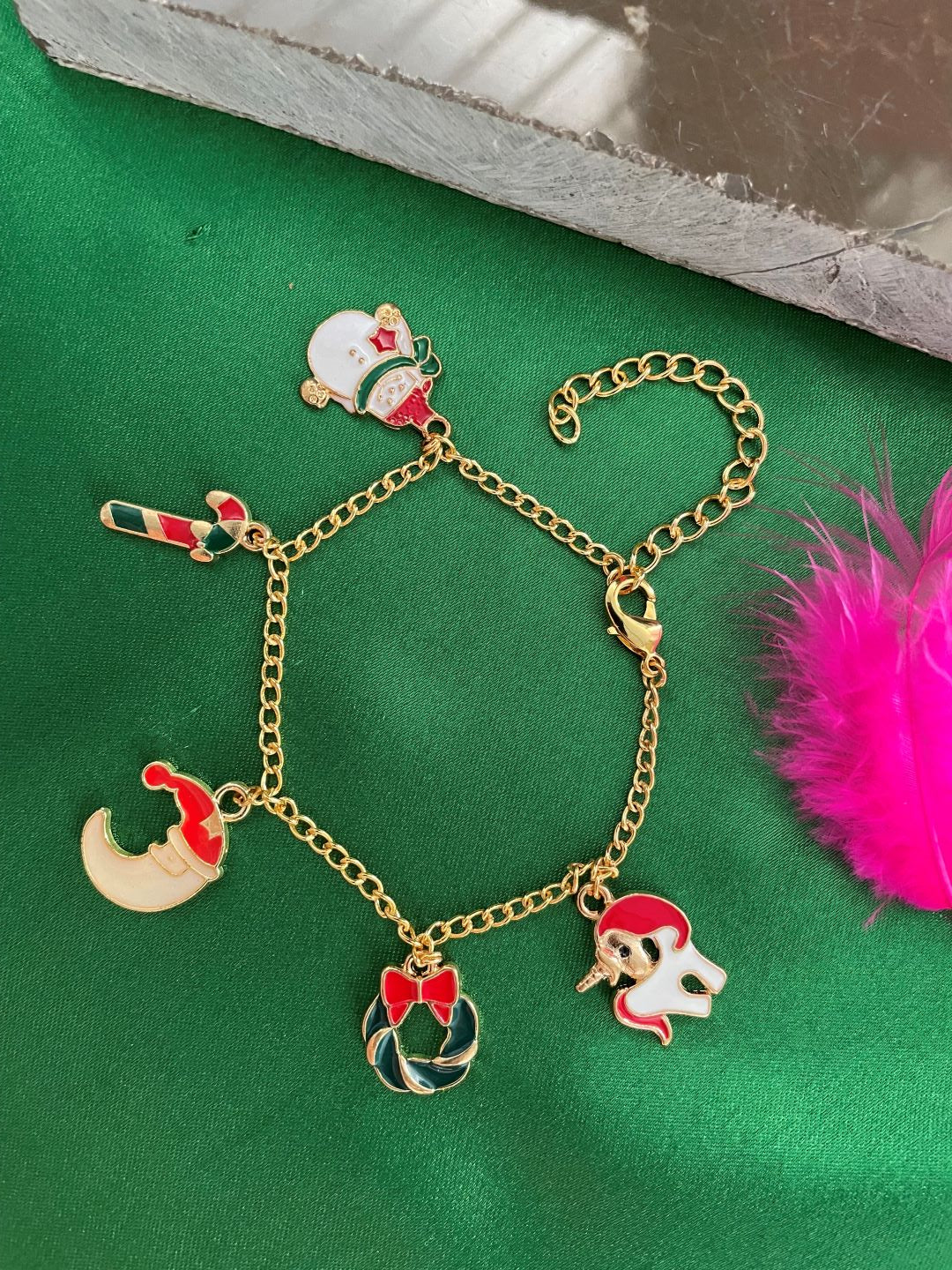Christmas Gold Bracelet with Charms Snowman, Candy, Unicorn