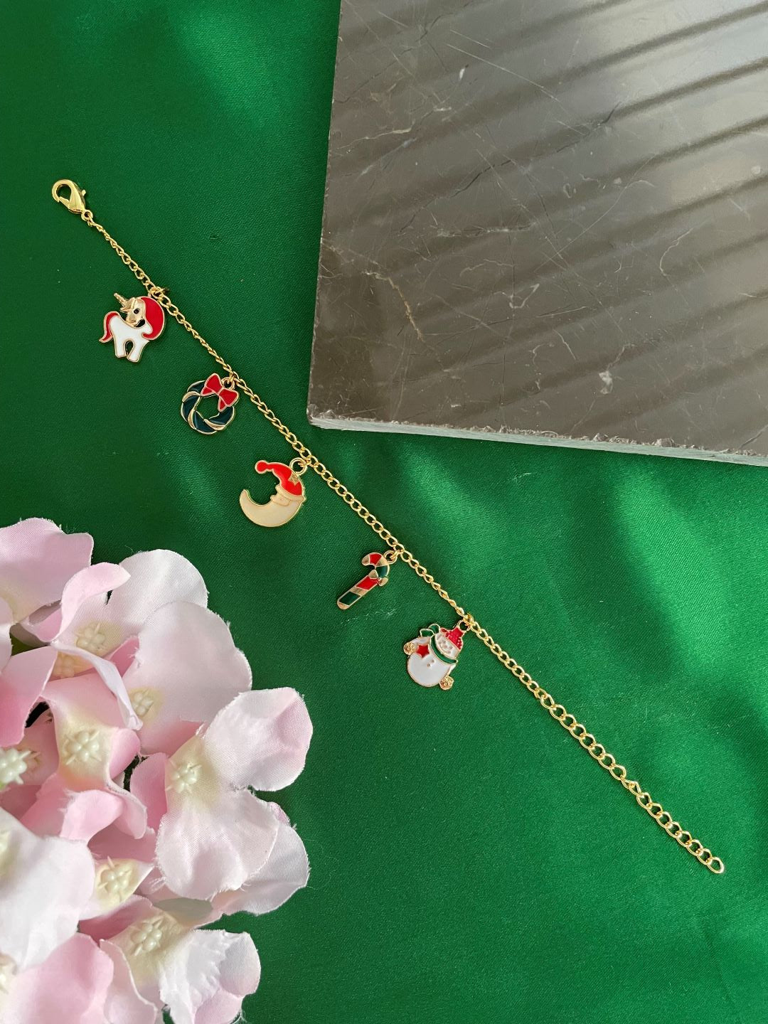Christmas Gold Bracelet with Charms Snowman, Candy, Unicorn