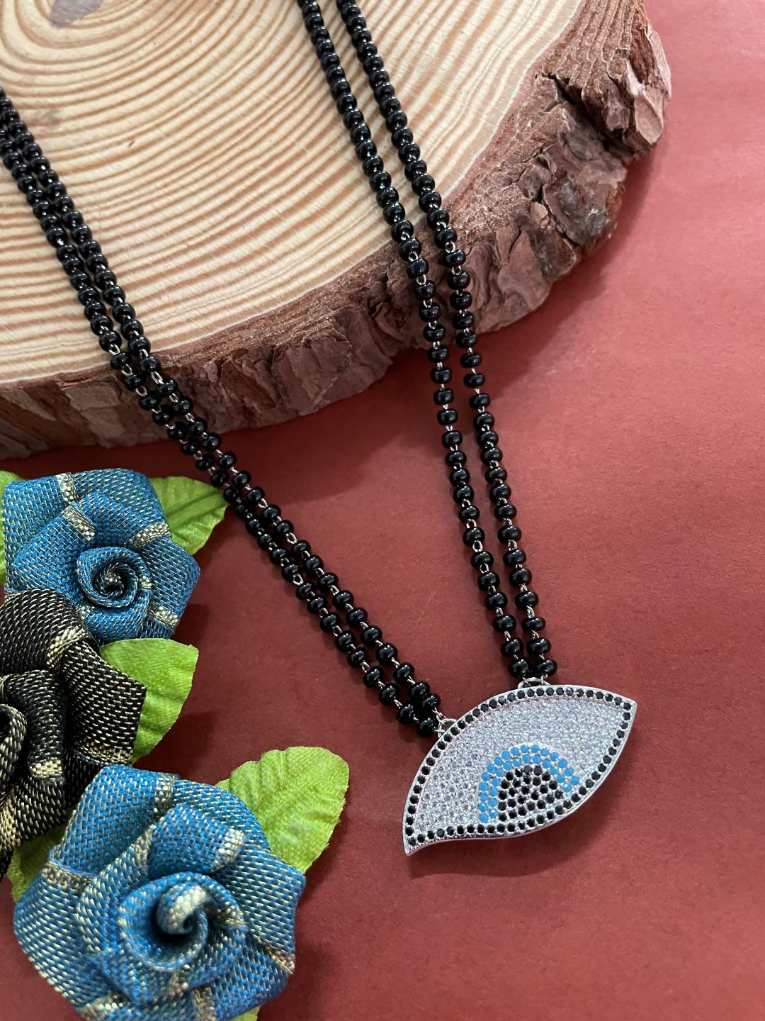 The Evil Eye Necklace Long Silver Mangalsutra Design Brass Silver Plated American Diamond Pendant मंगळसूत्र (25 Inch)