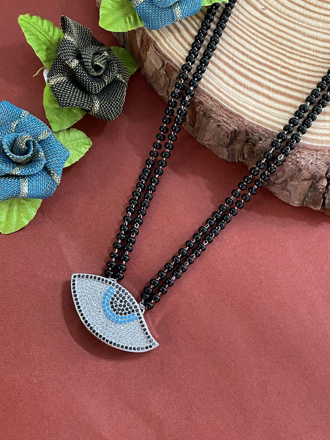 The Evil Eye Necklace Long Silver Mangalsutra Design Brass Silver Plated American Diamond Pendant मंगळसूत्र (25 Inch)