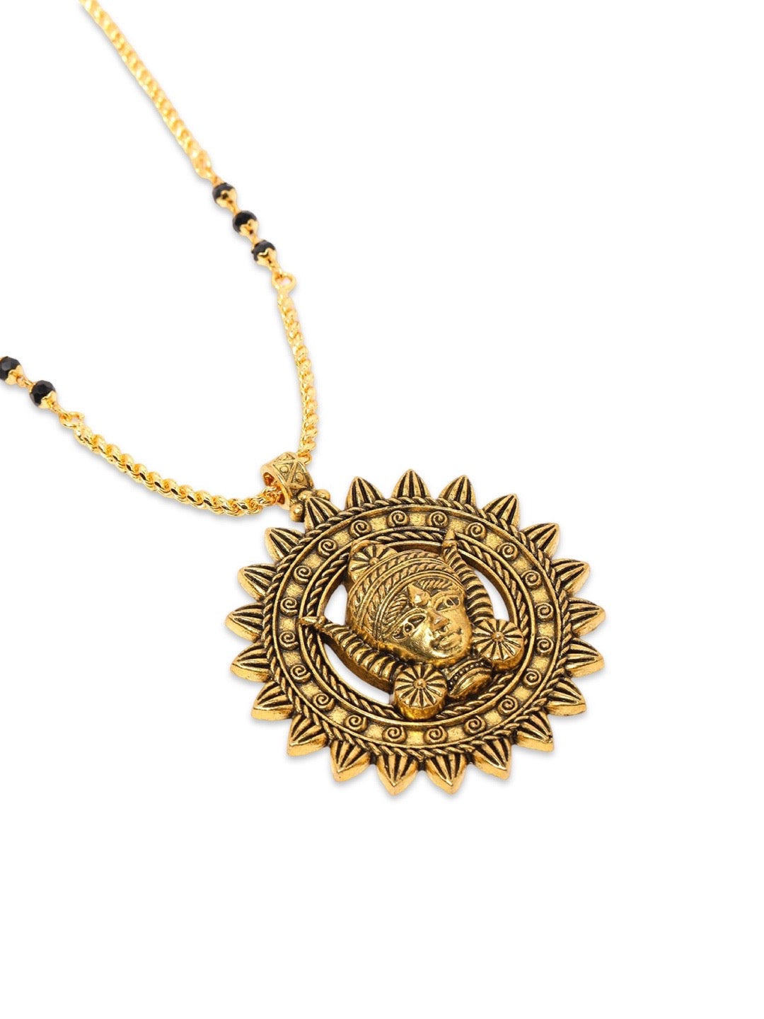Gold Plated Long Mangalsutra Maa Durga Round Pendant Black Beads Chain