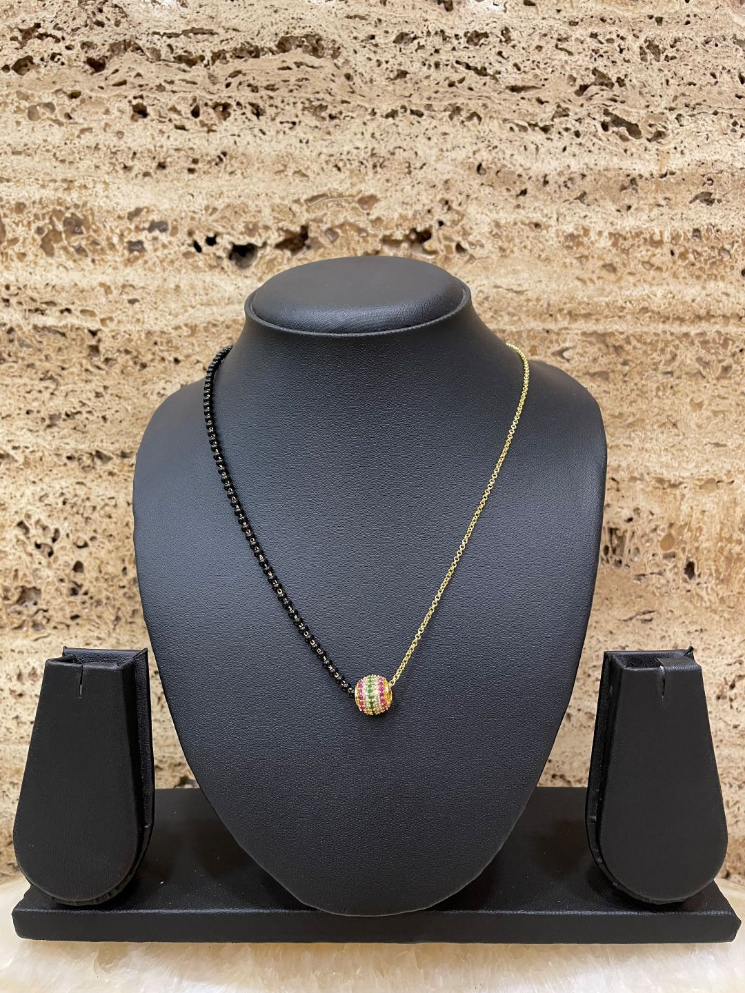 Multi Color American Diamond Red Green Gold Ball With Half Chain - Half Mangalsutra