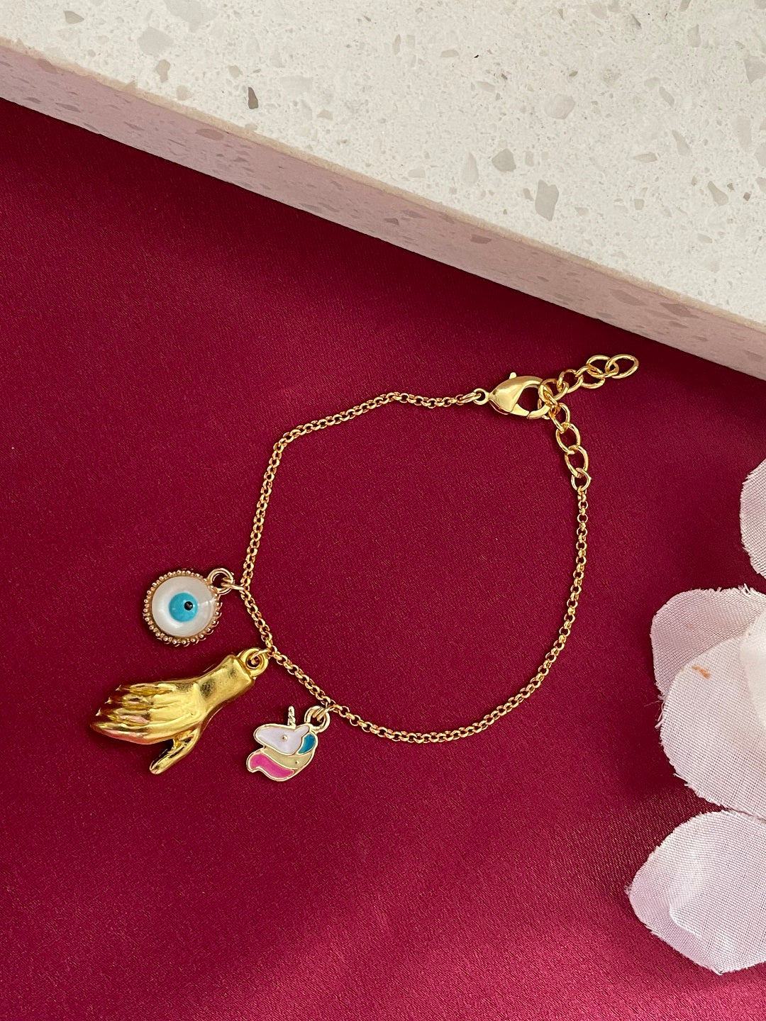 Gold Plated Hand Holding Magnet with Evil Eye & Charm Adjustable Bracelet