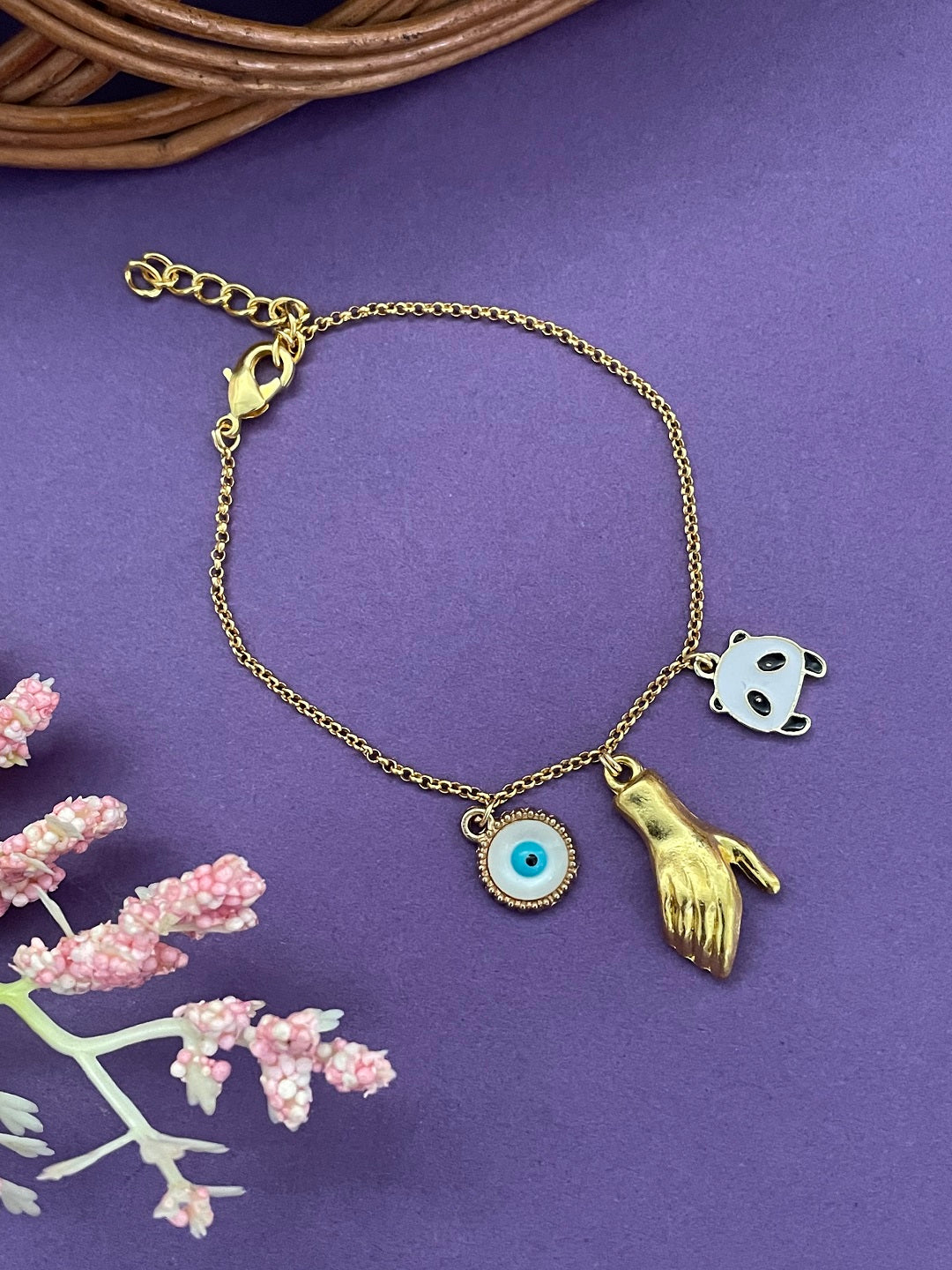 Gold Plated Hand Holding Magnet with Evil Eye & Charm Adjustable Bracelet