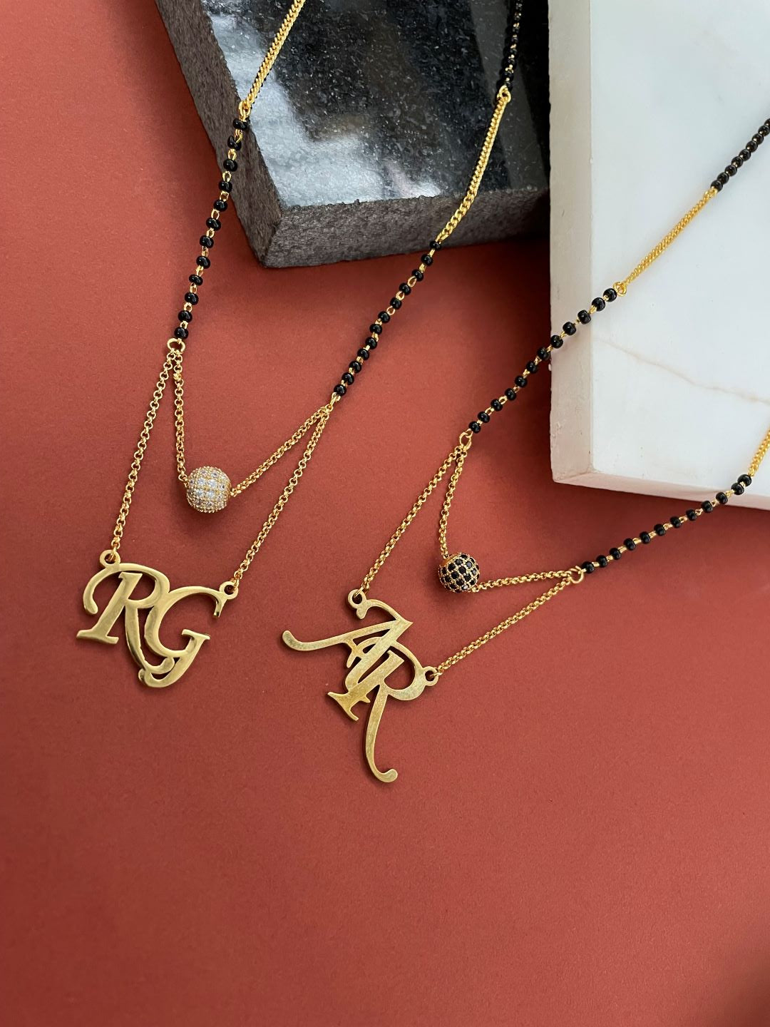 Custom 2 Initial Pendant Name Short Mangalsutra Necklace With AD Ball (20 Inches)