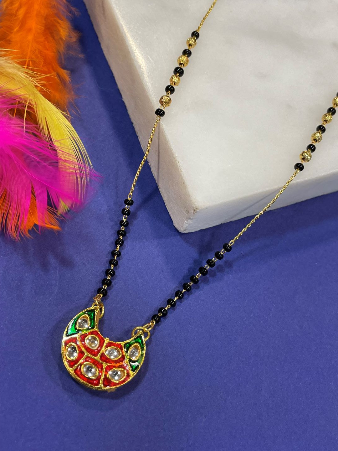 Short Mangalsutra/Necklace With Red Green Kundan Pendent