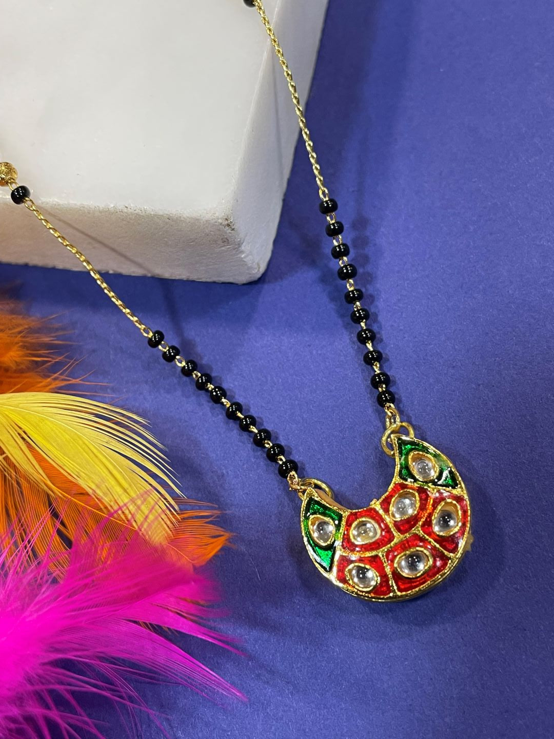 Short Mangalsutra/Necklace With Red Green Kundan Pendent