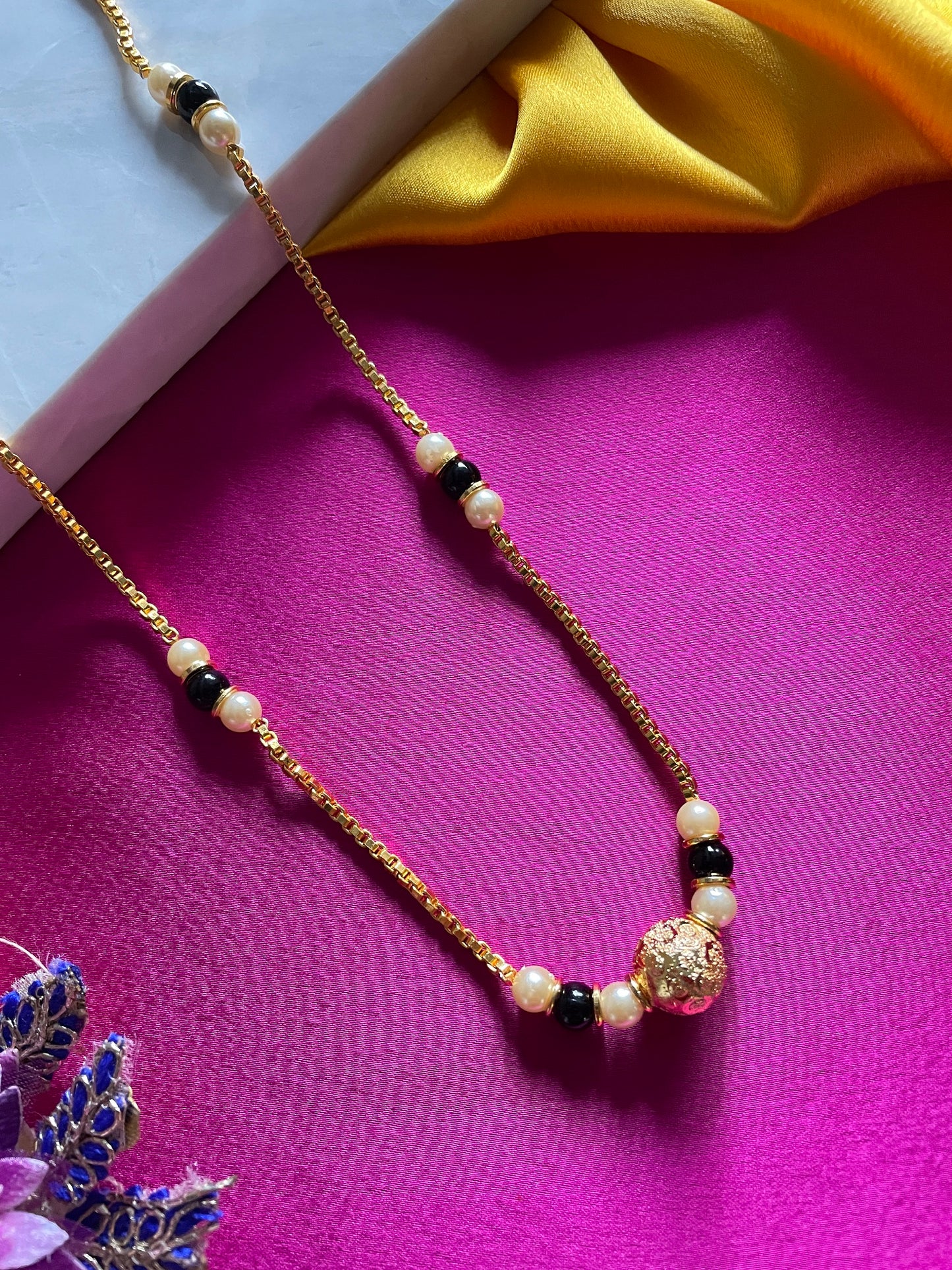 Long Mangalsutra Designs South Indian Style Ball Pendant White And Black Beads Gold Chain