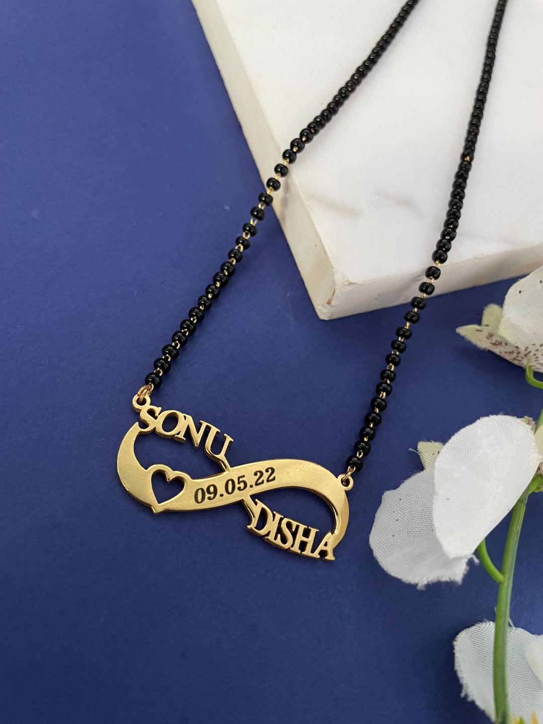 Personalized Two Names Infinity Necklace/Short Mangalsutra, Engraved Date & Heart