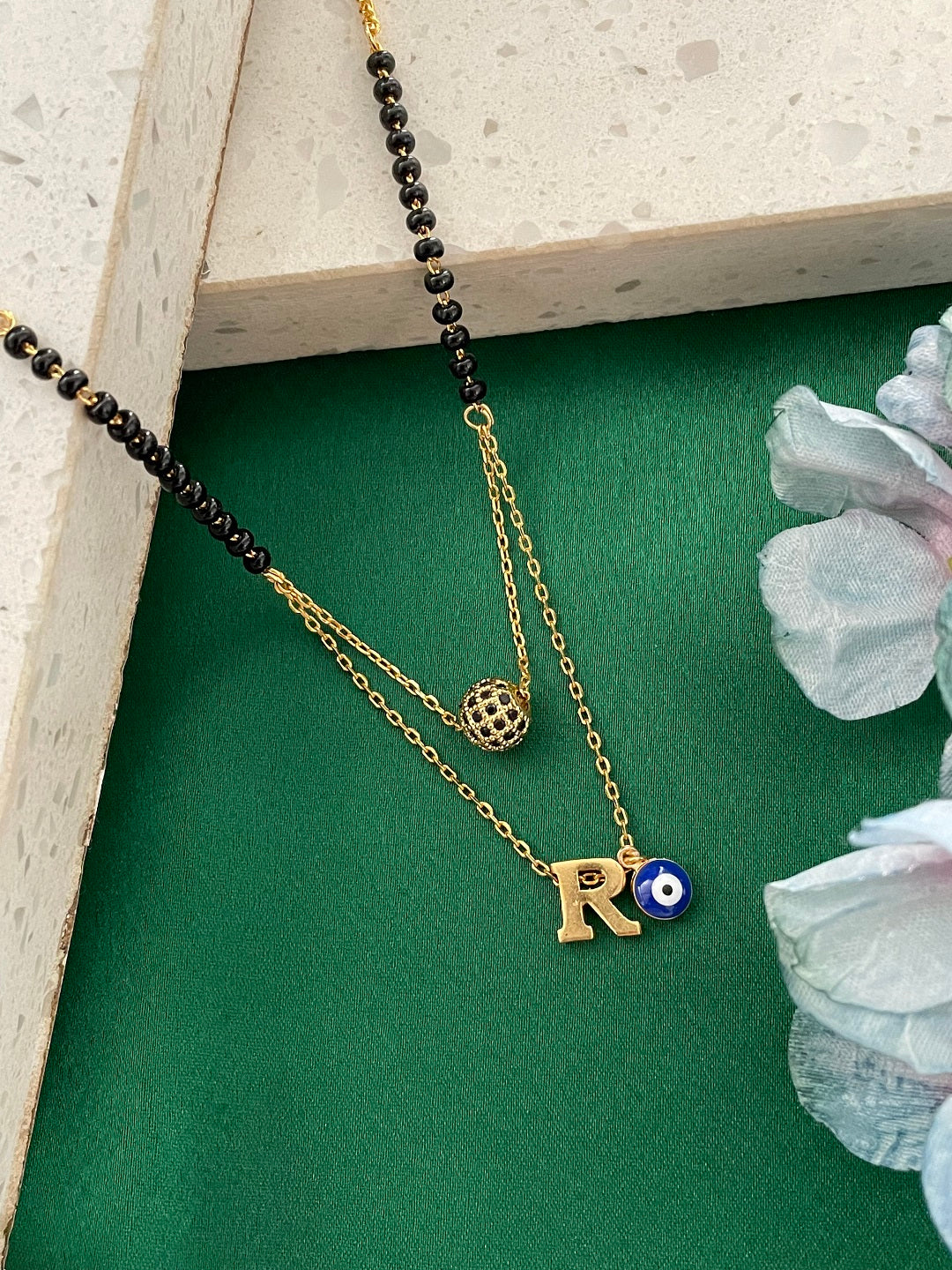 A-Z Letter Short Mangalsutra American Diamond Ball Pendant & Evil Eye