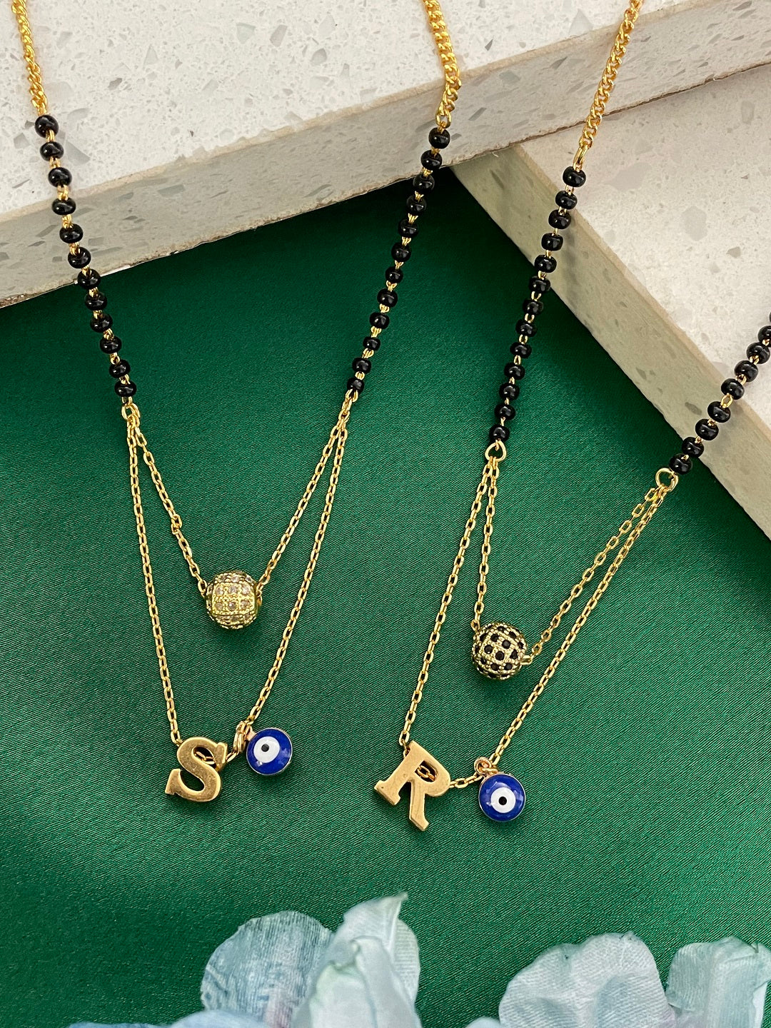 A-Z Letter Short Mangalsutra American Diamond Ball Pendant & Evil Eye