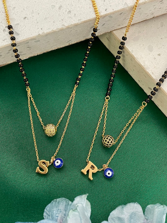 A-Z Letter Short Mangalsutra American Diamond Ball Pendant & Evil Eye