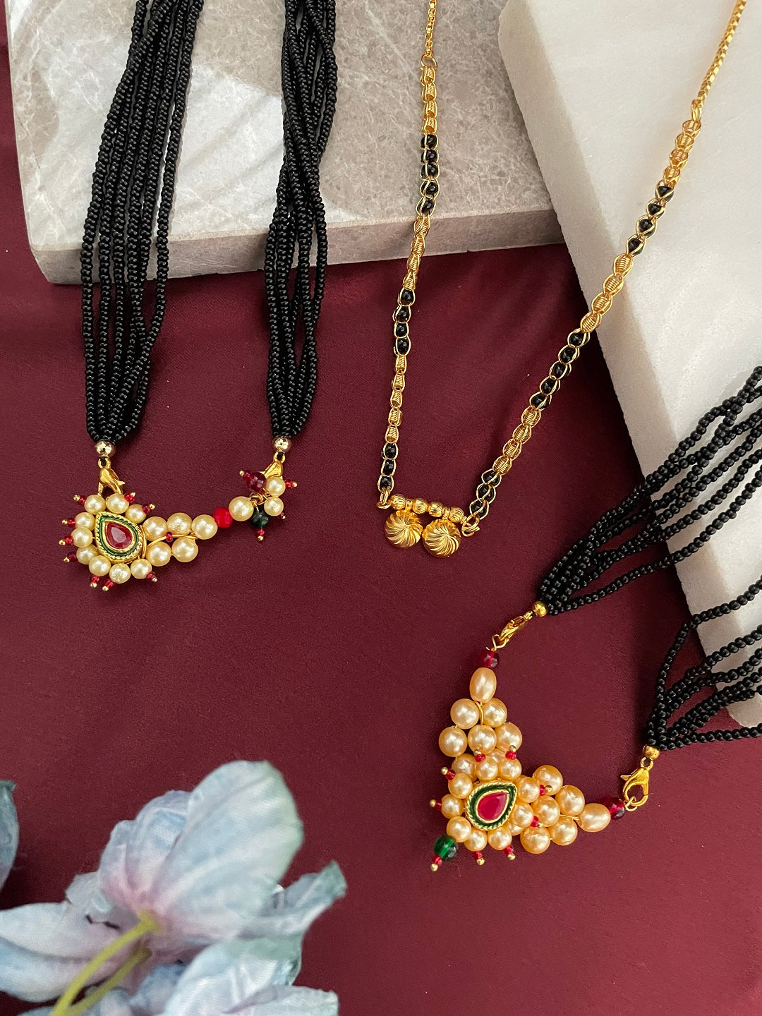 Combo Offer (Set of 3) Gold-Plated Black Beads Short Two Pendant Mangalsutra | Nath Enamal Work Pearls Pendant Necklace
