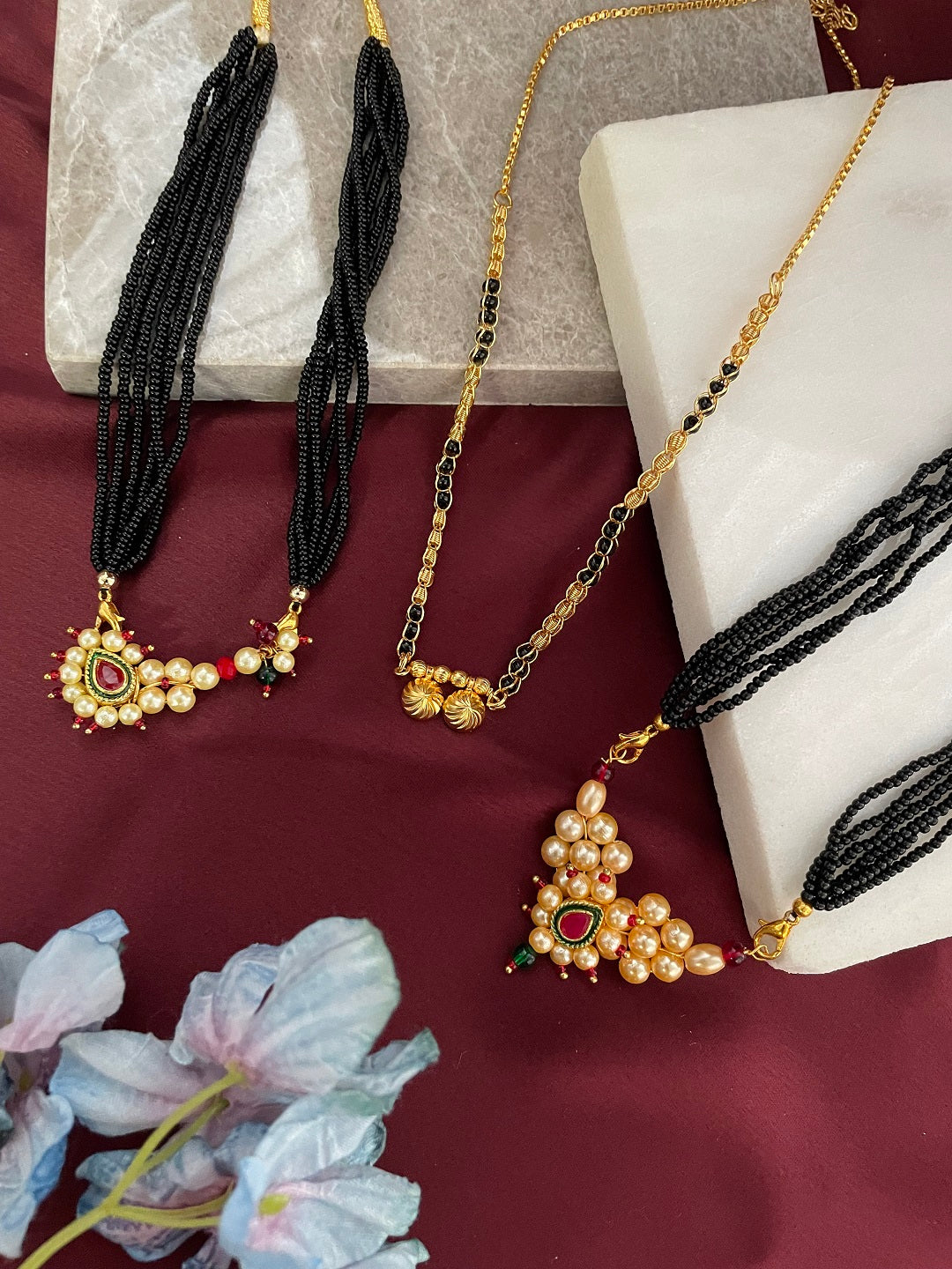 Combo Offer (Set of 3) Gold-Plated Black Beads Short Two Pendant Mangalsutra | Nath Enamal Work Pearls Pendant Necklace