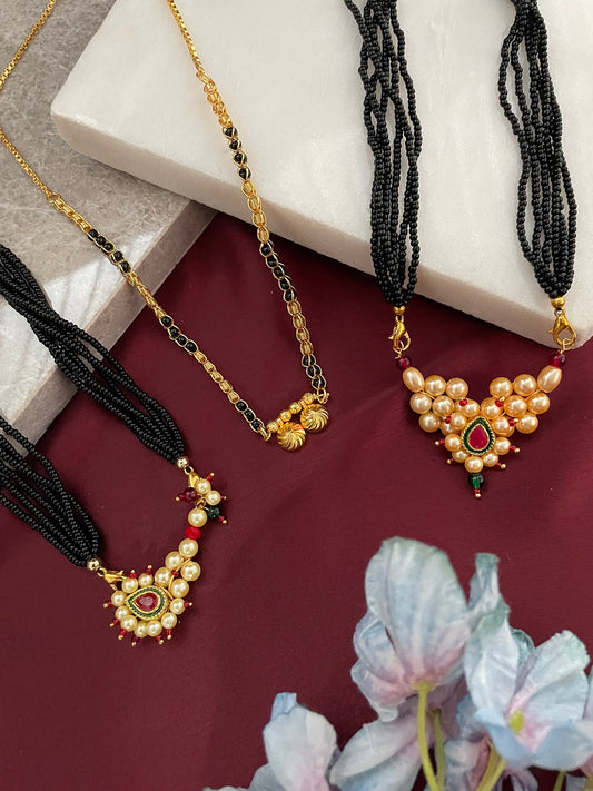 Combo Offer (Set of 3) Gold-Plated Black Beads Short Two Pendant Mangalsutra | Nath Enamal Work Pearls Pendant Necklace
