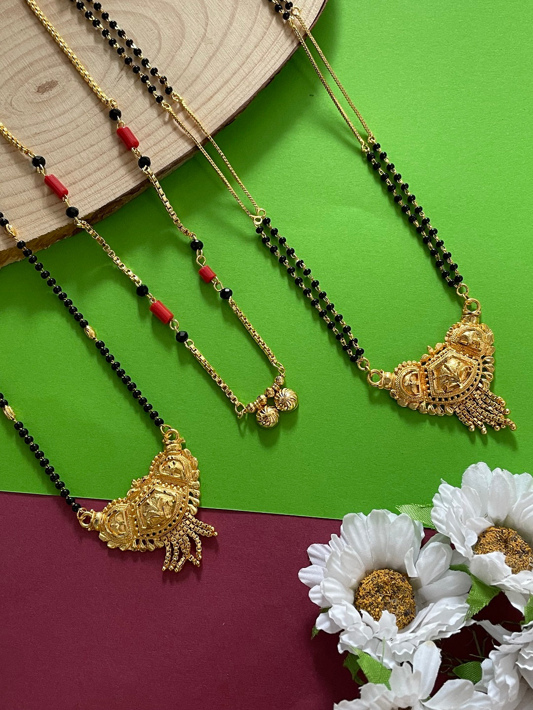 Combo Offer (Set of 3) Gold Black Beads Pendant Long Mangalsutra | Short Two Vati Pendant Necklace