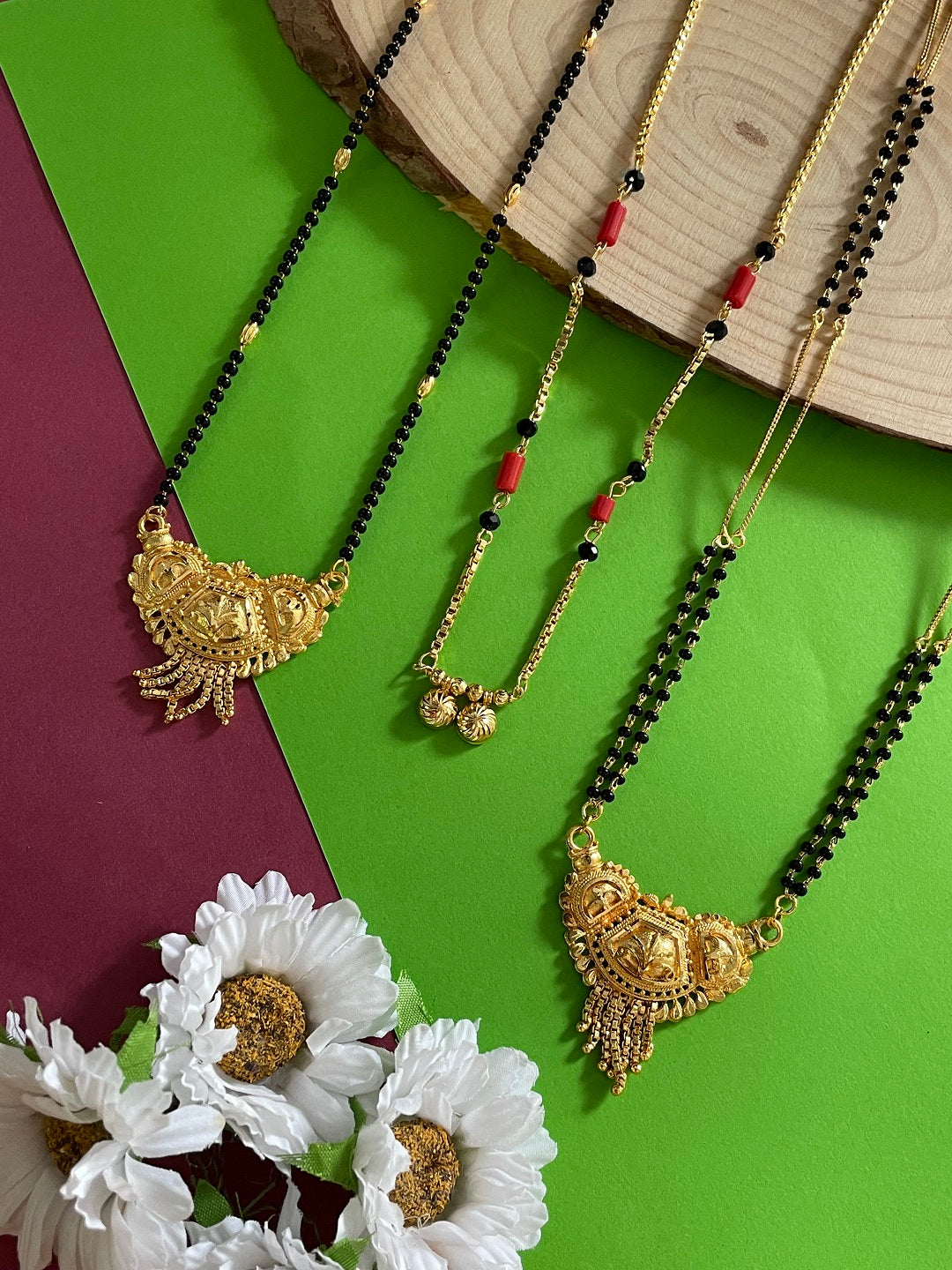 Combo Offer (Set of 3) Gold Black Beads Pendant Long Mangalsutra | Short Two Vati Pendant Necklace