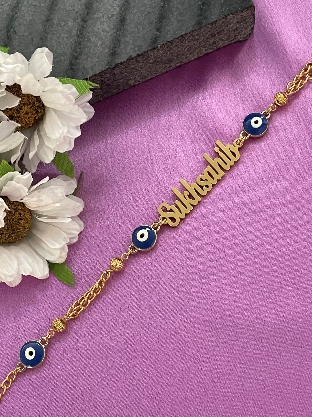 Personalized Name Bracelet in Gold Chain with Evil Eye