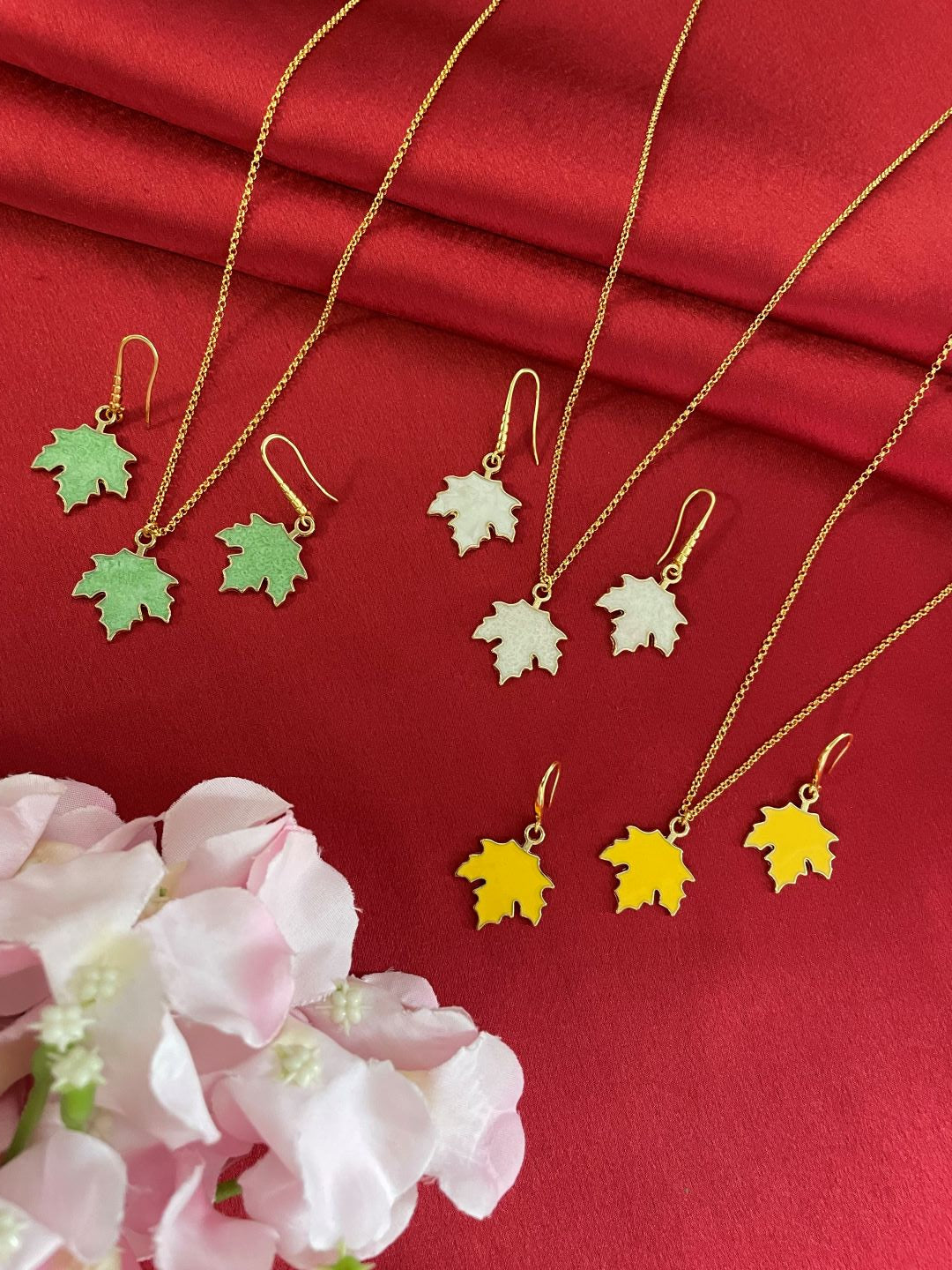 Green Maple Leaf Charm Necklace set