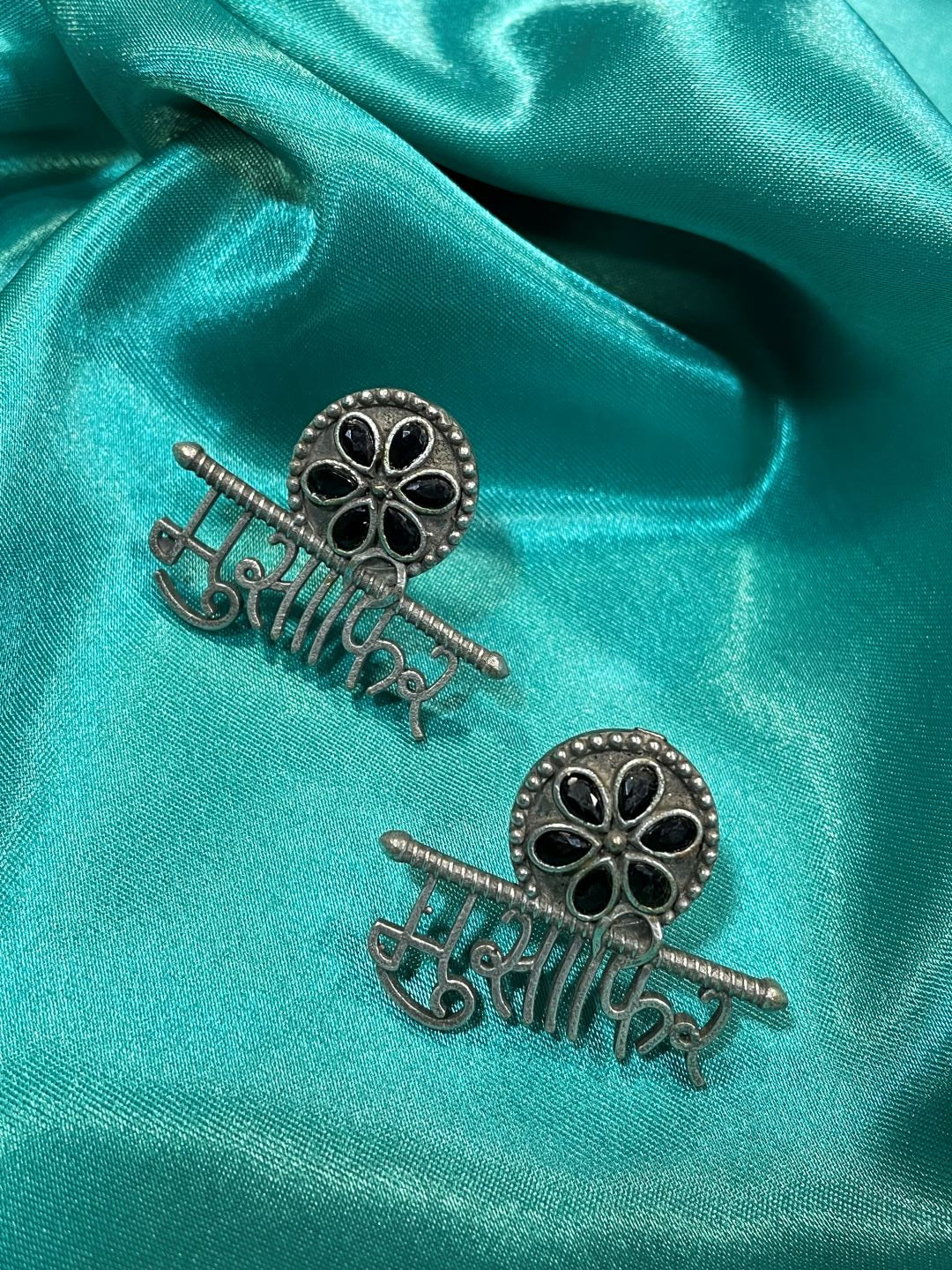 Musaffer German Oxidized Silver Stud Earrings With Black Stones