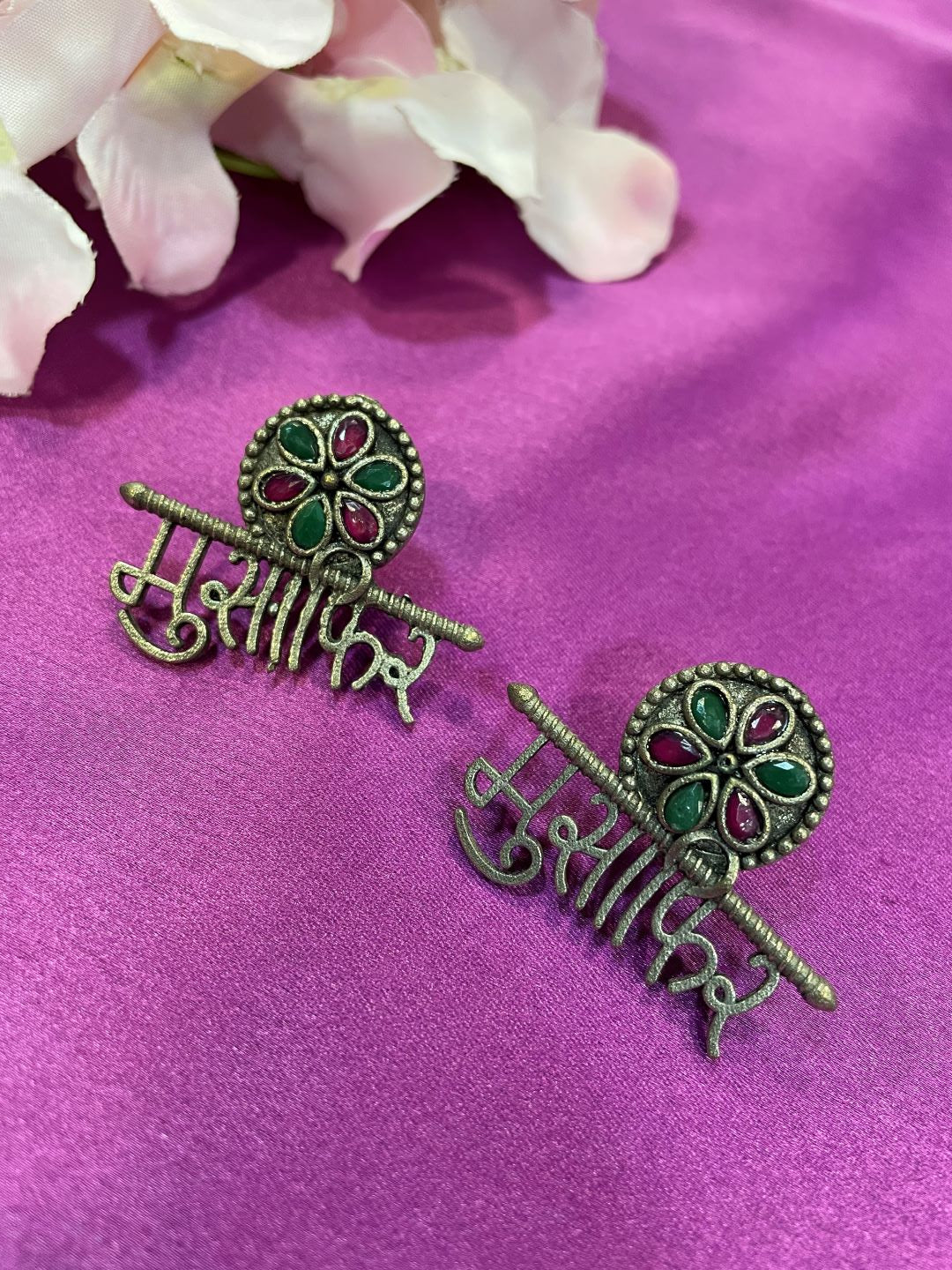 Musaffer German Oxidized Silver Stud Earrings With Red/Green Stones