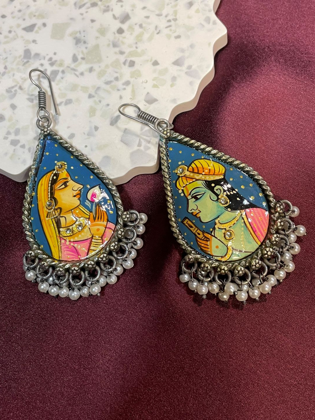 Hand-Painted Silver Plated Radha Krishna Earring with Pearls