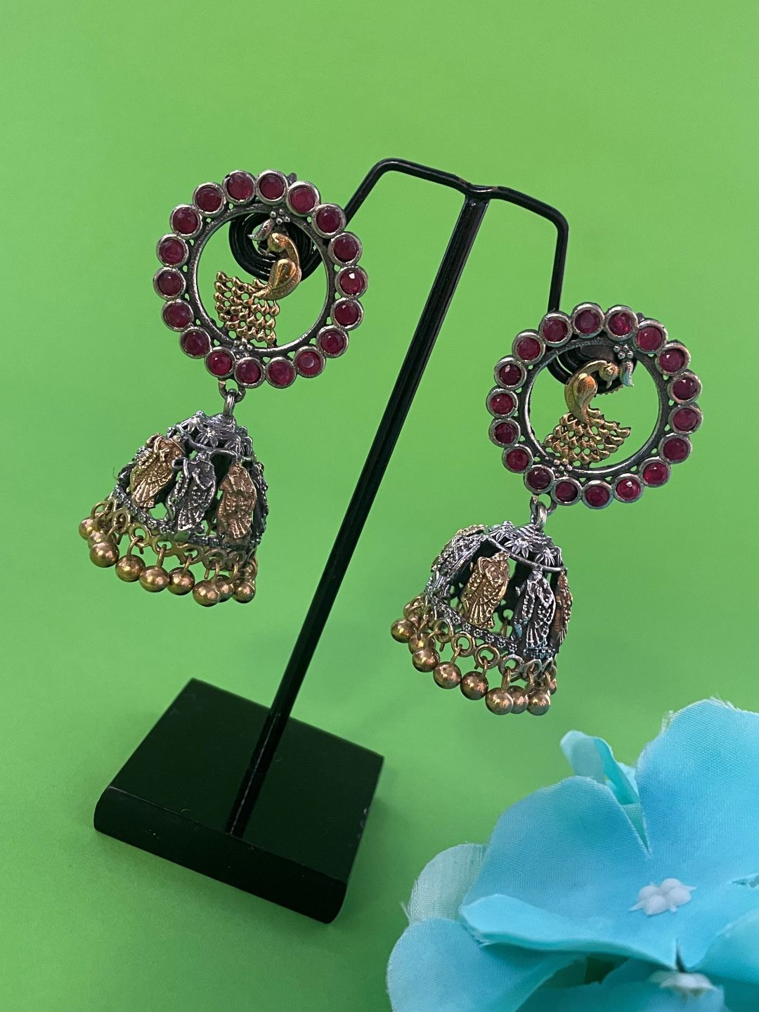 Jhumka Earrings Peacock & Radha Krishna