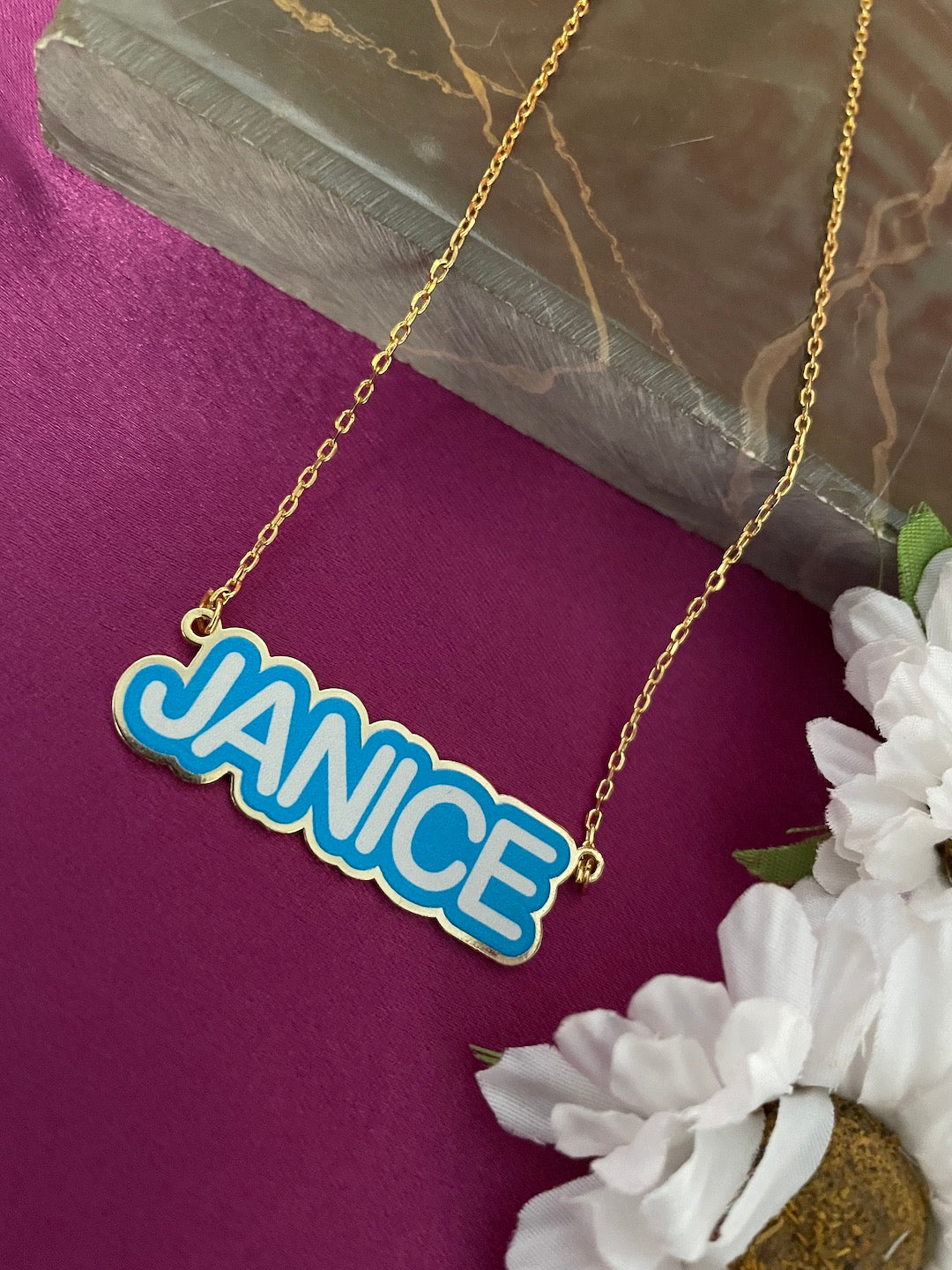 24k Gold Plated Enamel Custom Block Name Necklace