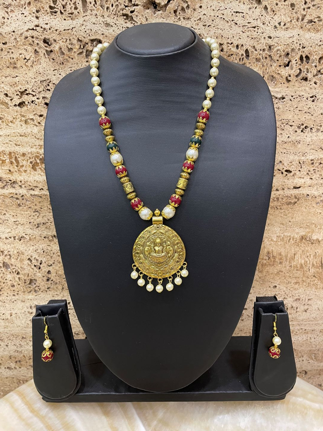 Afghani Tibetan Necklace with Earrings Gold Plate Brass Laxmi Pendent & Red Green & White Beads