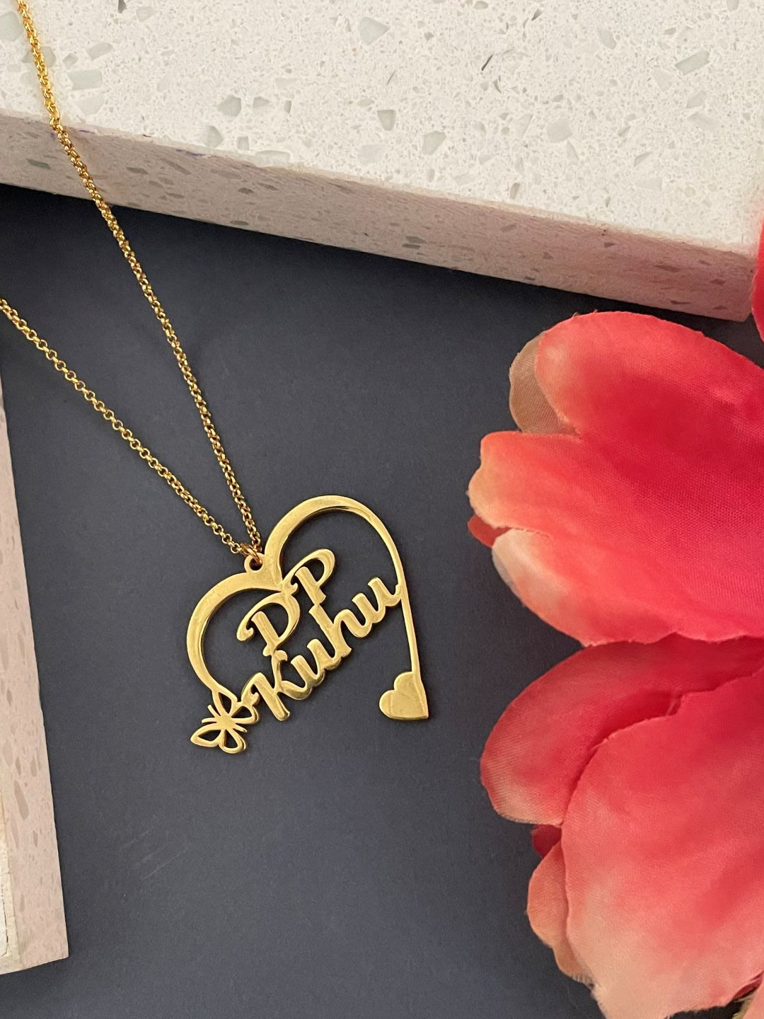 Heart Shape Pendant With 2 Names And A Mini Butterfly