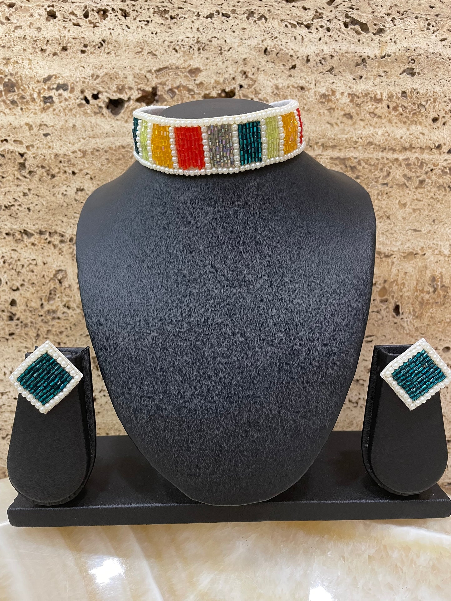 Multi Color Beaded Choker Necklace & Earring Set