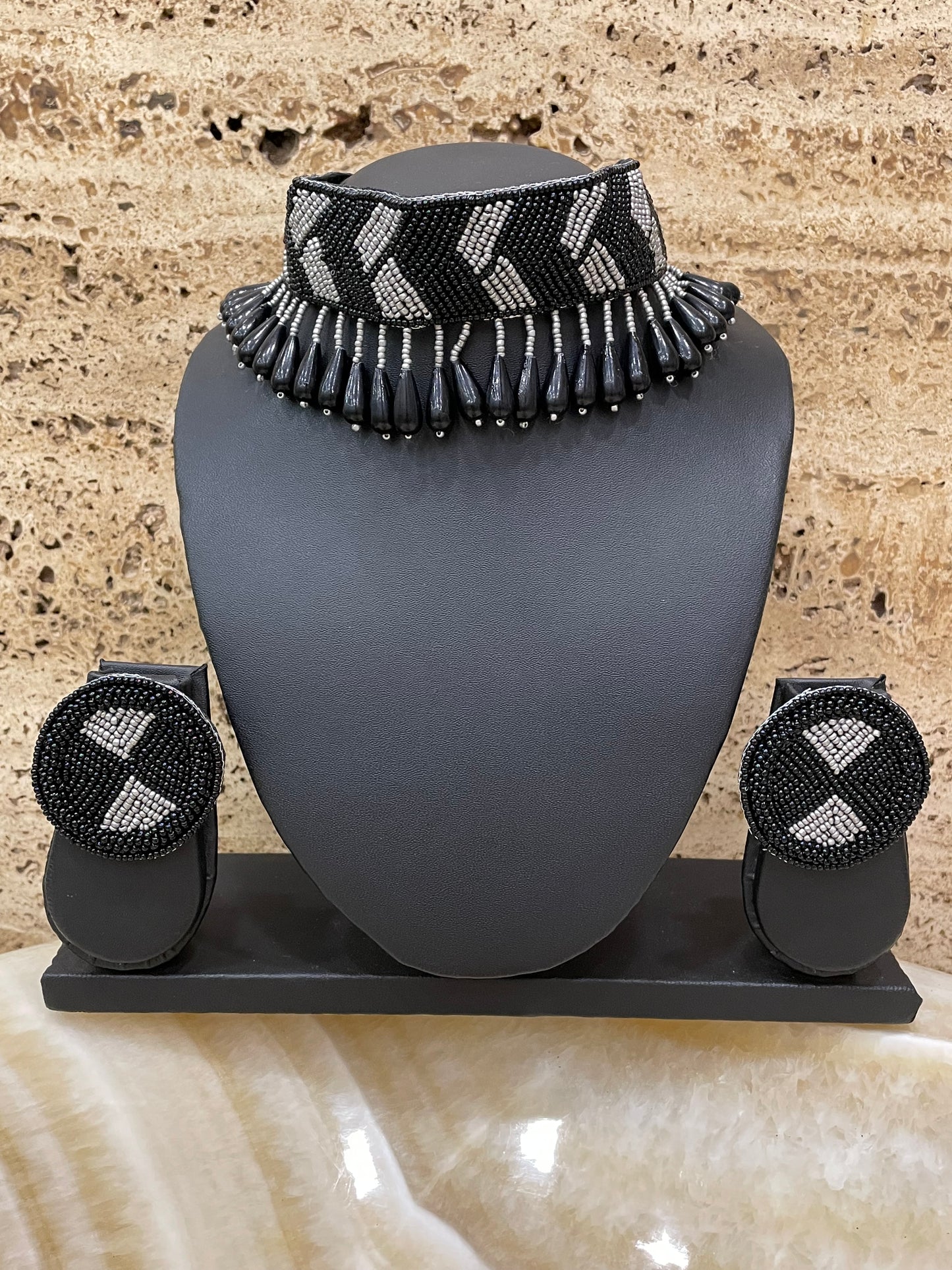 Black Beaded Choker Necklace & Earring Set