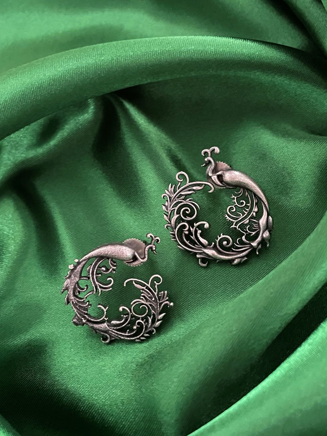 German Oxidized Silver Stud Earrings Peacock Design