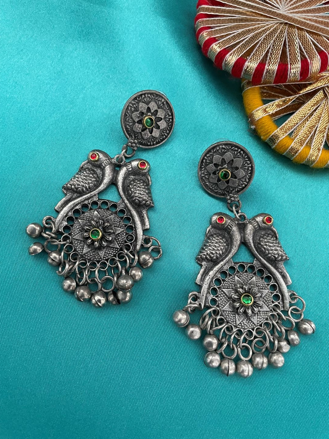 German Oxidized Silver Long Earrings Peacock Design With Green/Red Stones and Silver Bells