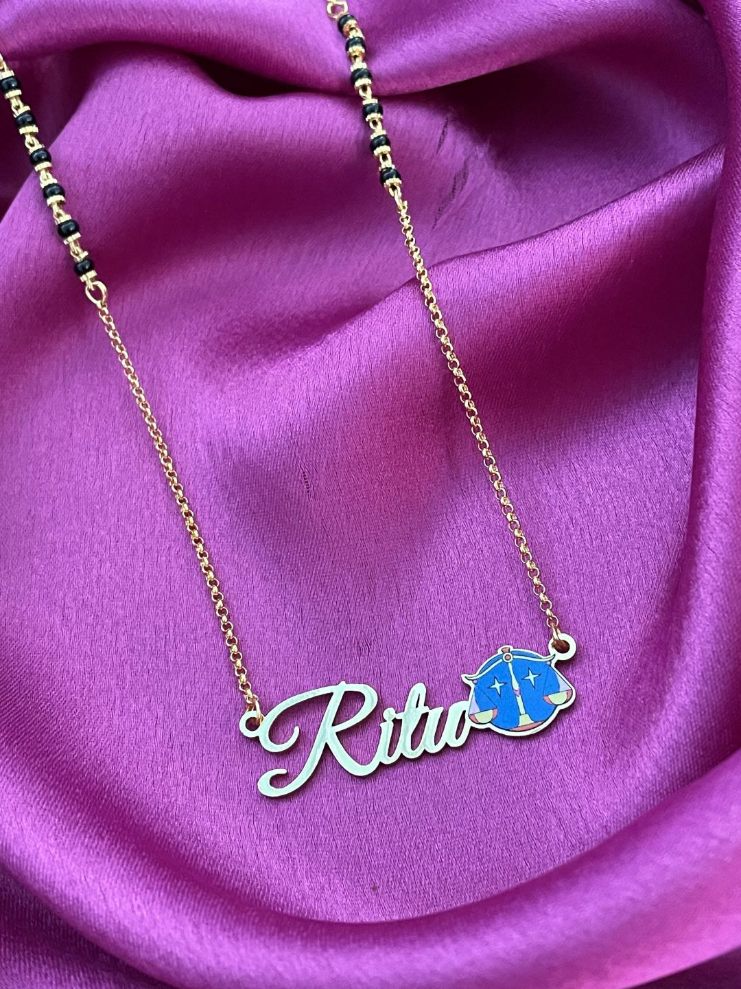 Zodiac Logo Pendant 24k Gold Plated Enamel Custom Name With Short Mangalsutra/Gold Chain