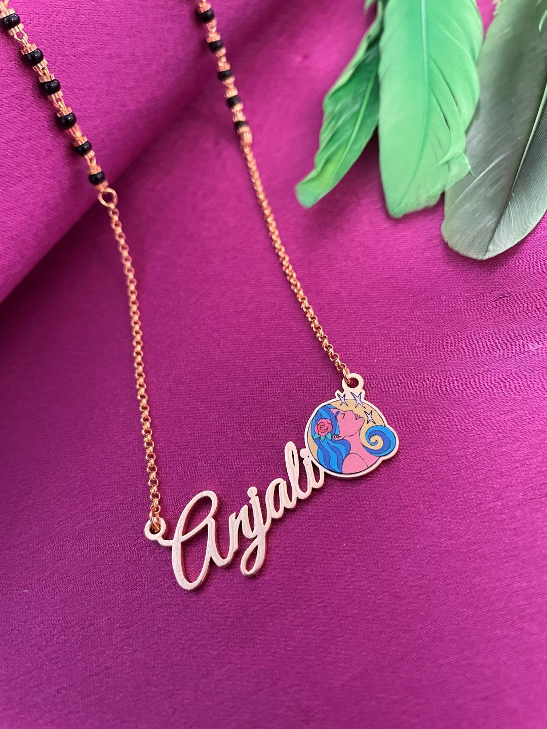 Zodiac Logo Pendant 24k Gold Plated Enamel Custom Name With Short Mangalsutra/Gold Chain