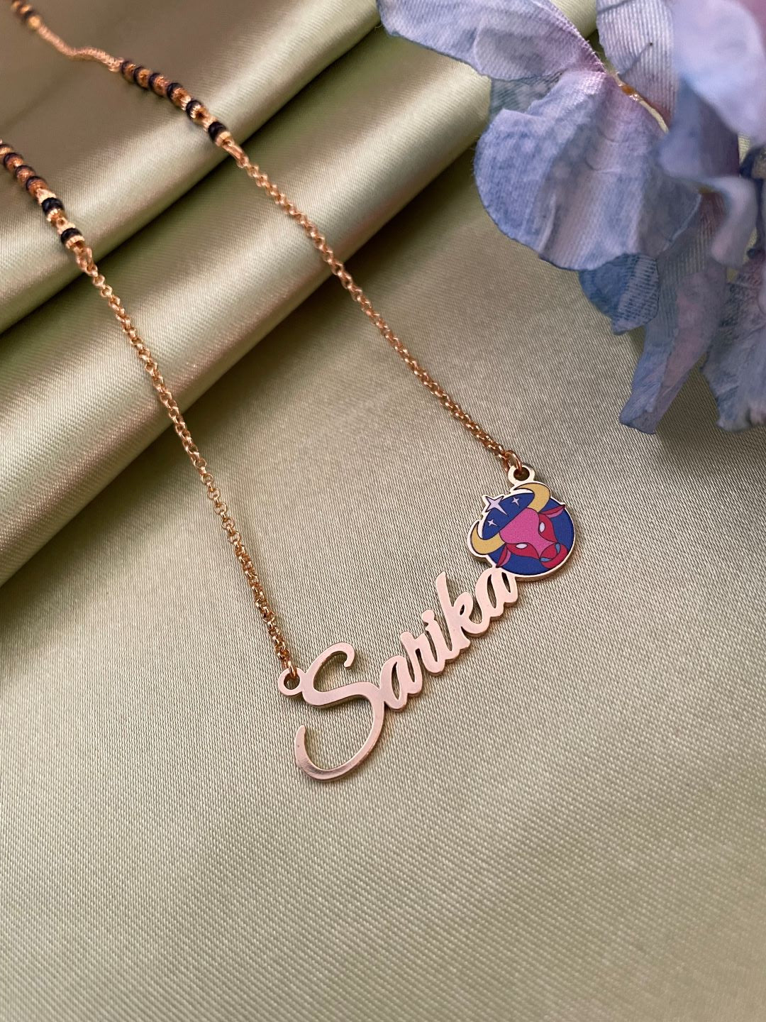 Zodiac Logo Pendant 24k Gold Plated Enamel Custom Name With Short Mangalsutra/Gold Chain