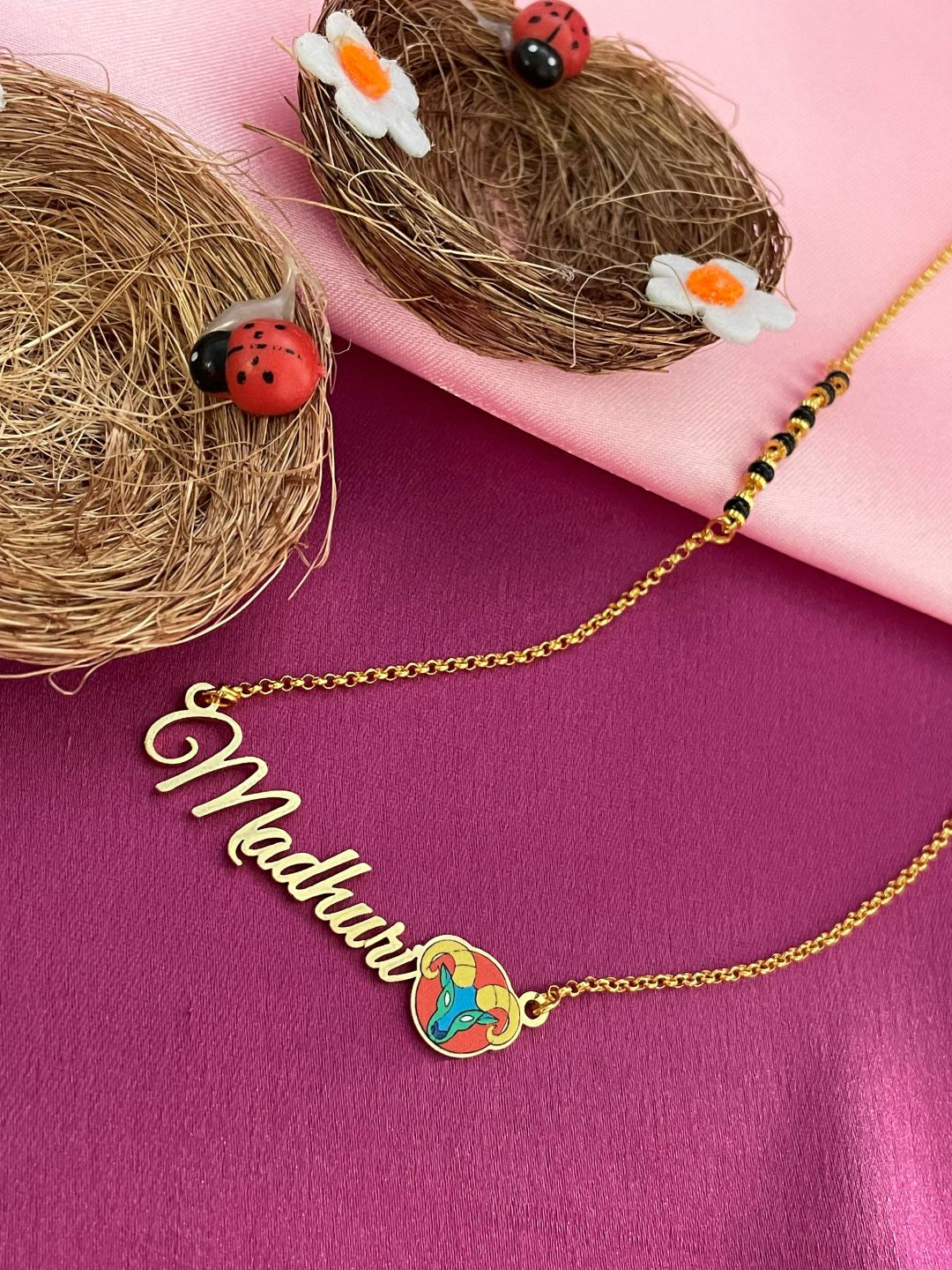 Zodiac Logo Pendant 24k Gold Plated Enamel Custom Name With Short Mangalsutra/Gold Chain