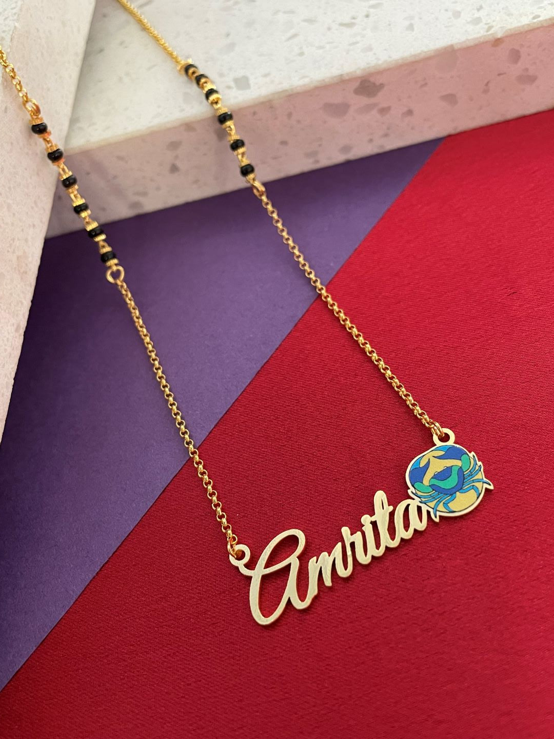 Zodiac Logo Pendant 24k Gold Plated Enamel Custom Name With Short Mangalsutra/Gold Chain